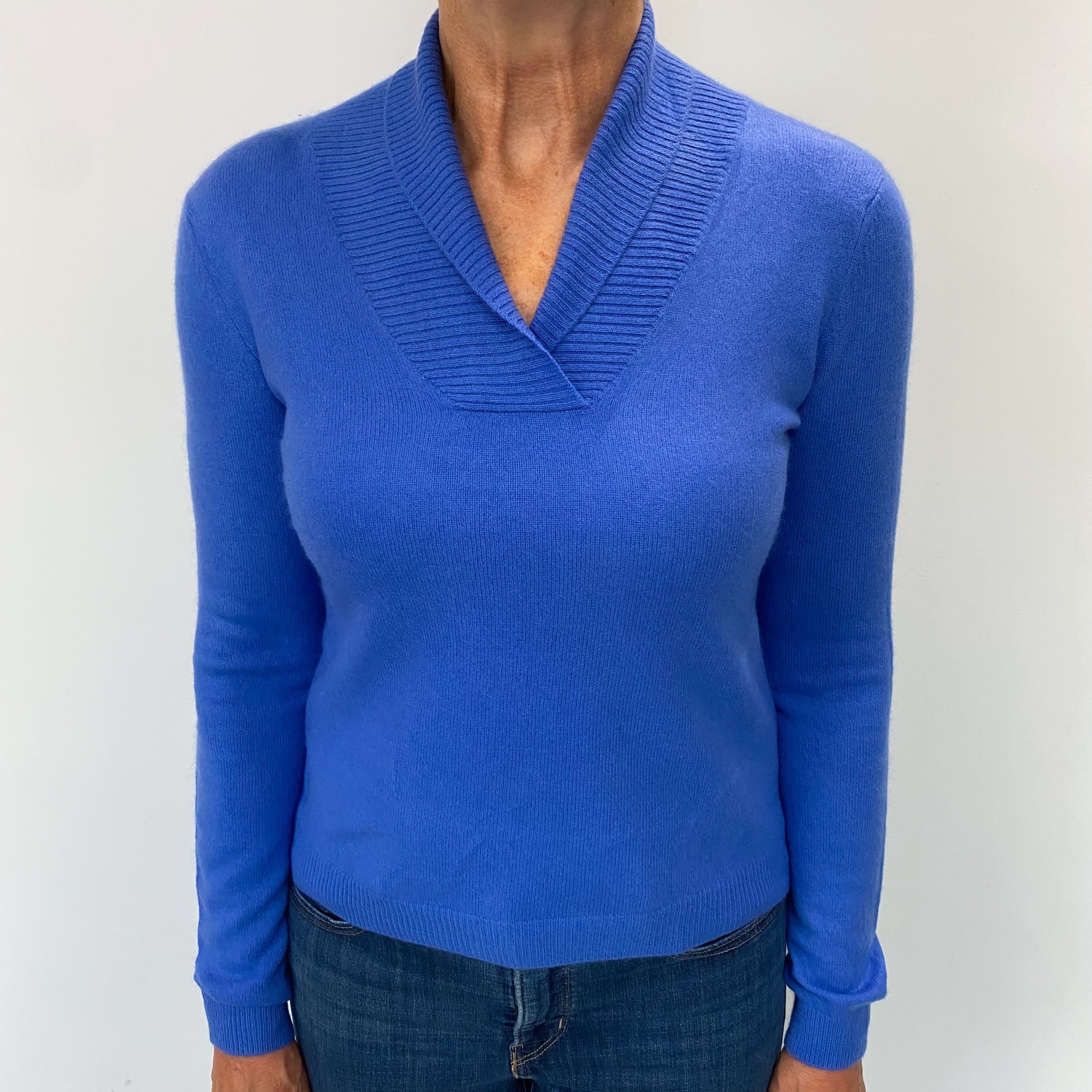 Azure Blue Cashmere Shawl V Neck Jumper Medium