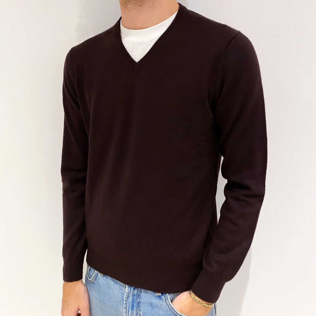 Men's Aubergine Purple Cashmere V Neck Jumper Medium
