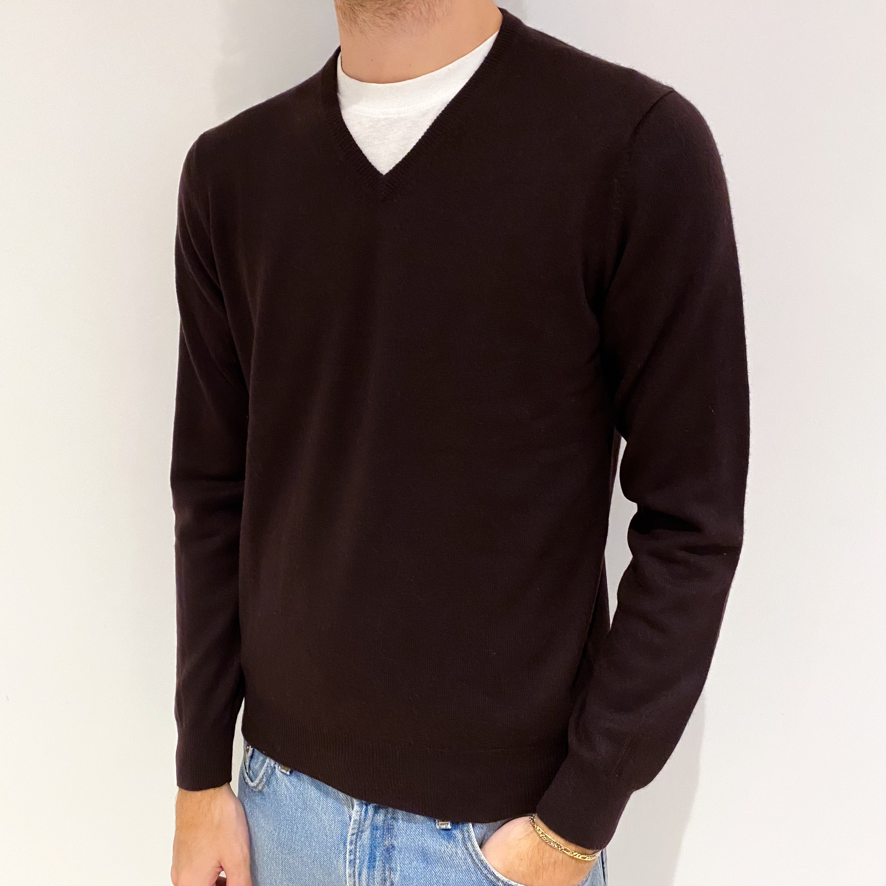 Men's Aubergine Purple Cashmere V Neck Jumper Medium