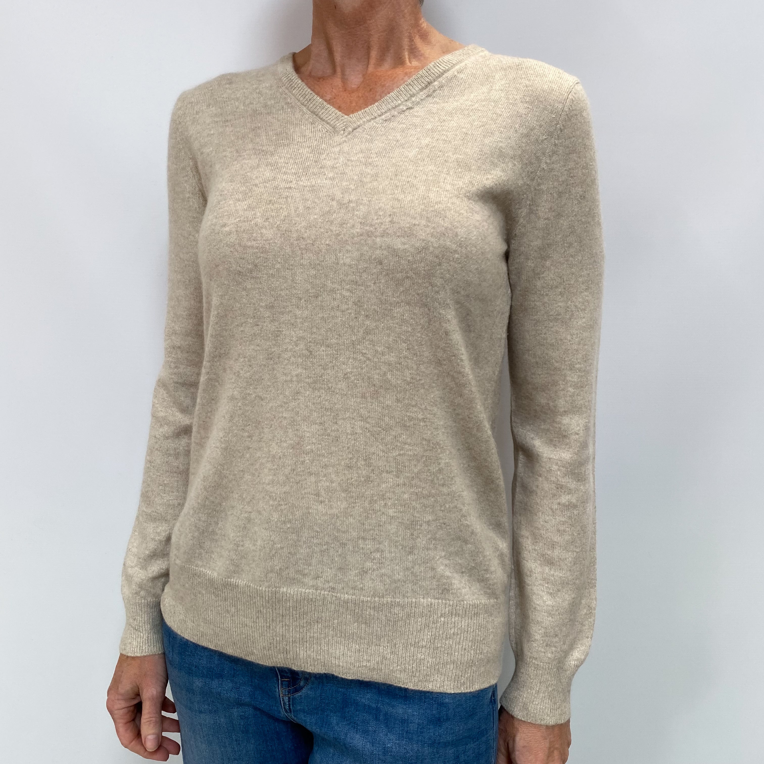 Oatmeal Beige Cashmere V Neck Jumper Small
