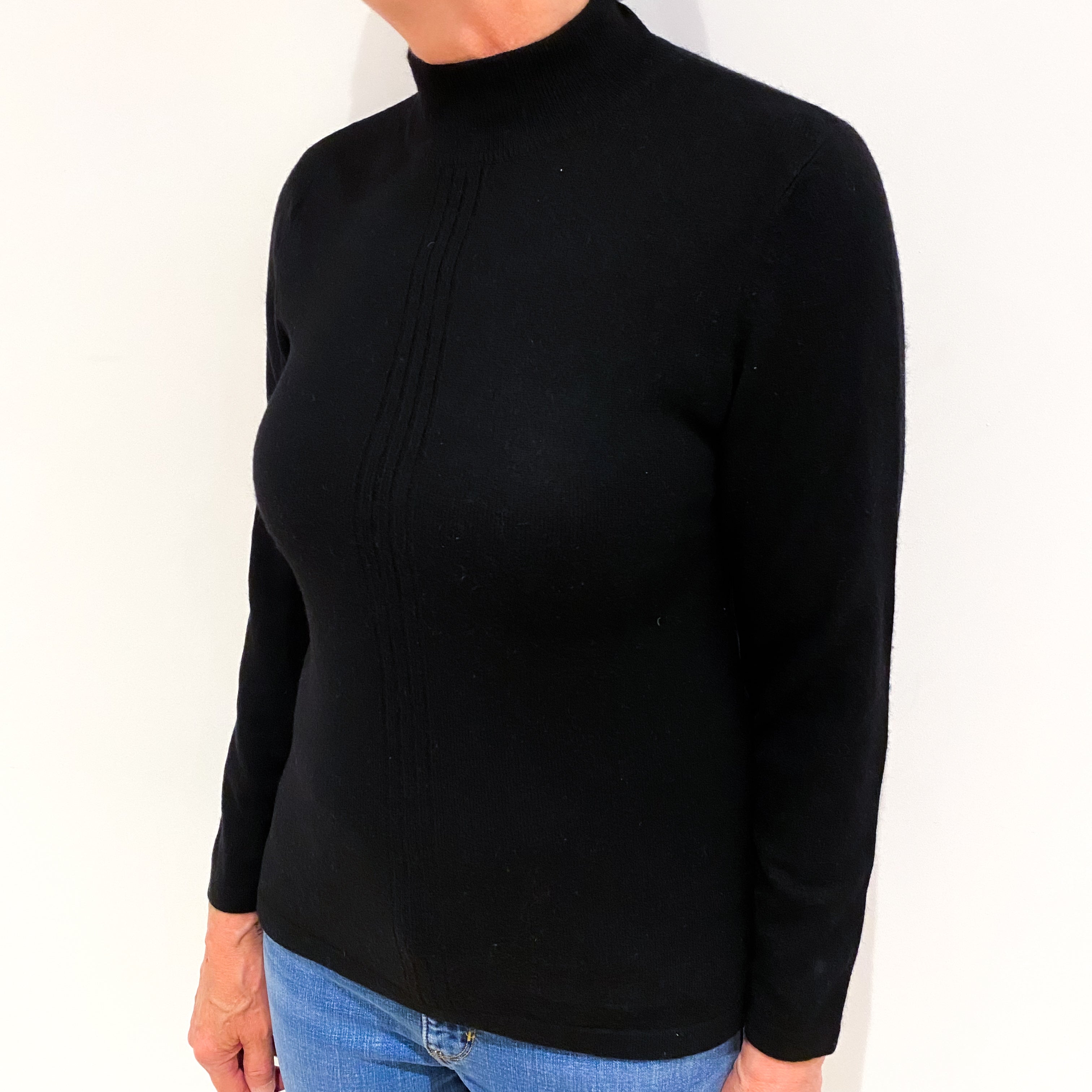 Black Ribbed Detail Cashmere Turtle Neck Jumper Medium