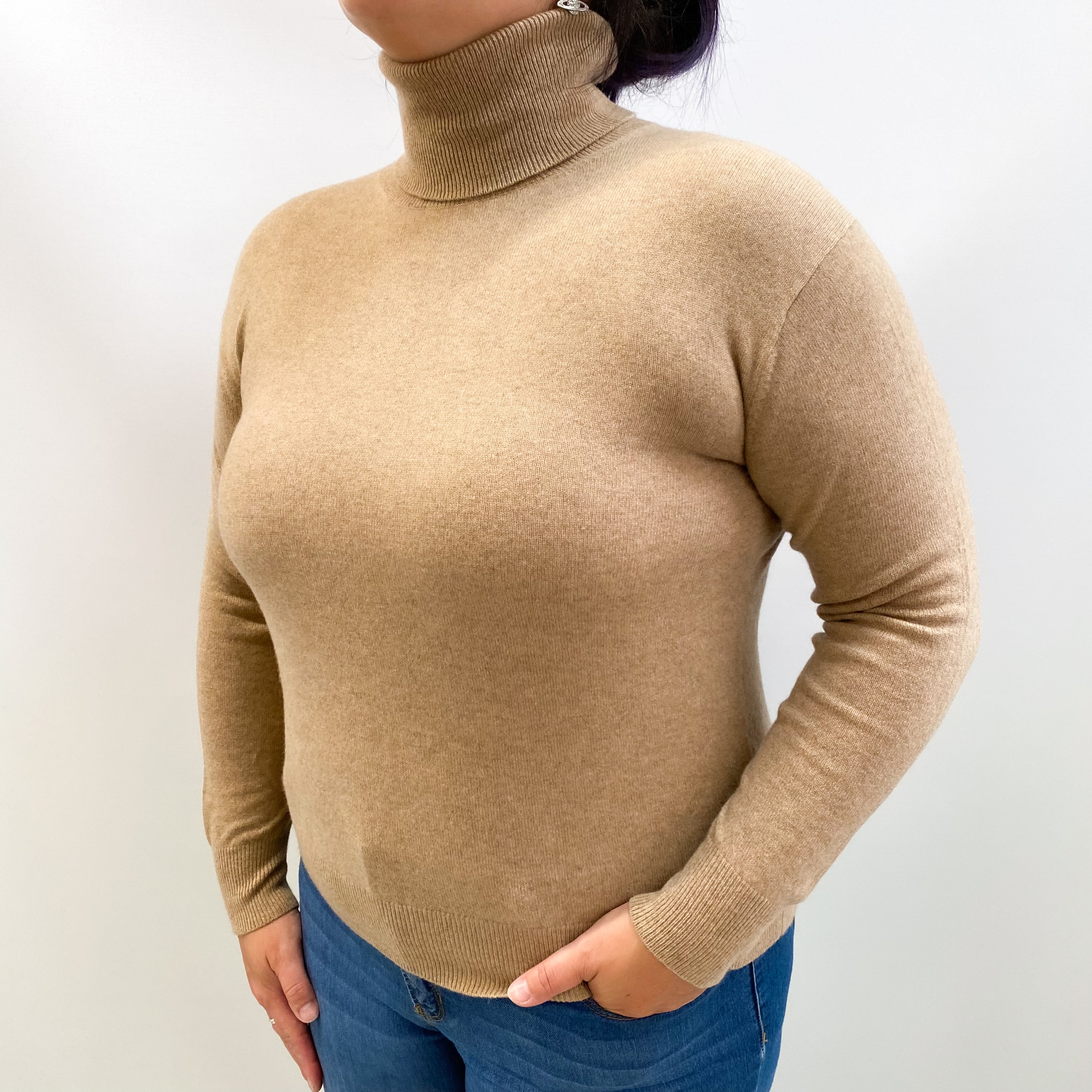 Taupe Brown Cashmere Polo Neck Jumper Large