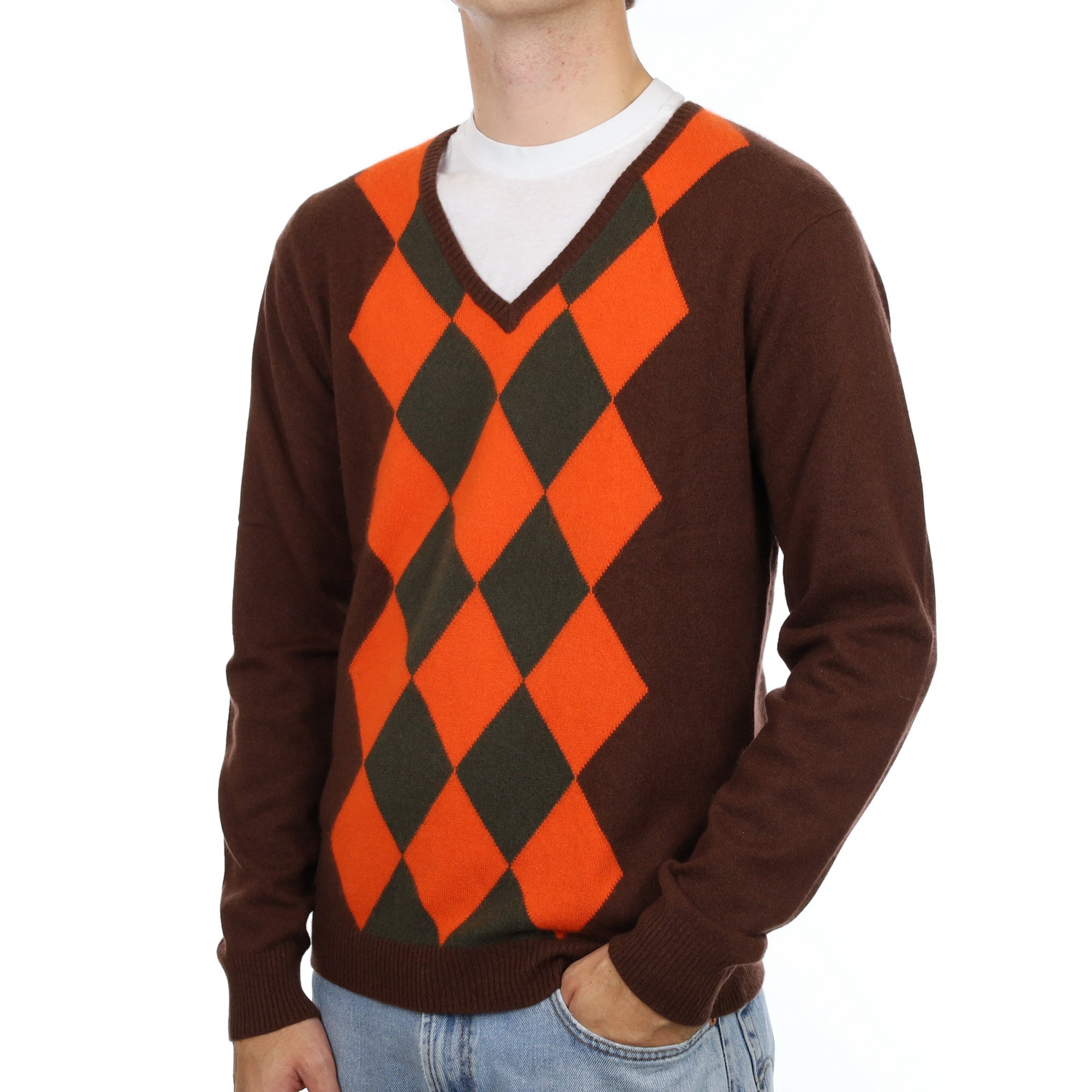 Men's Chocolate Brown Diamond Cashmere V Neck Jumper Large