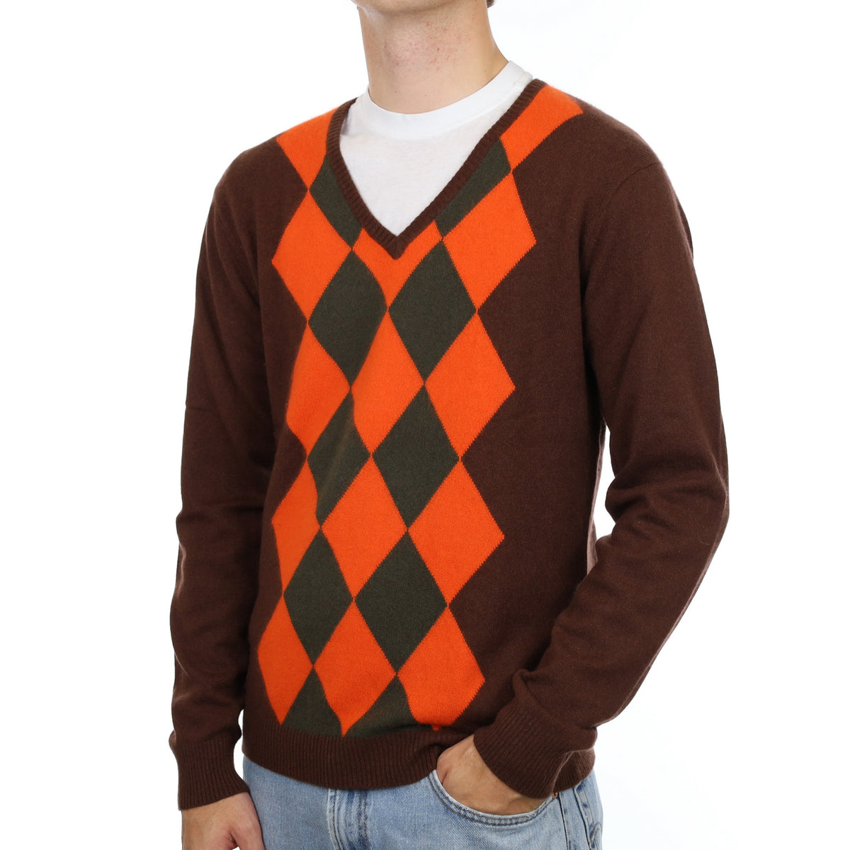 Men's Chocolate Brown Diamond Cashmere V Neck Jumper Large