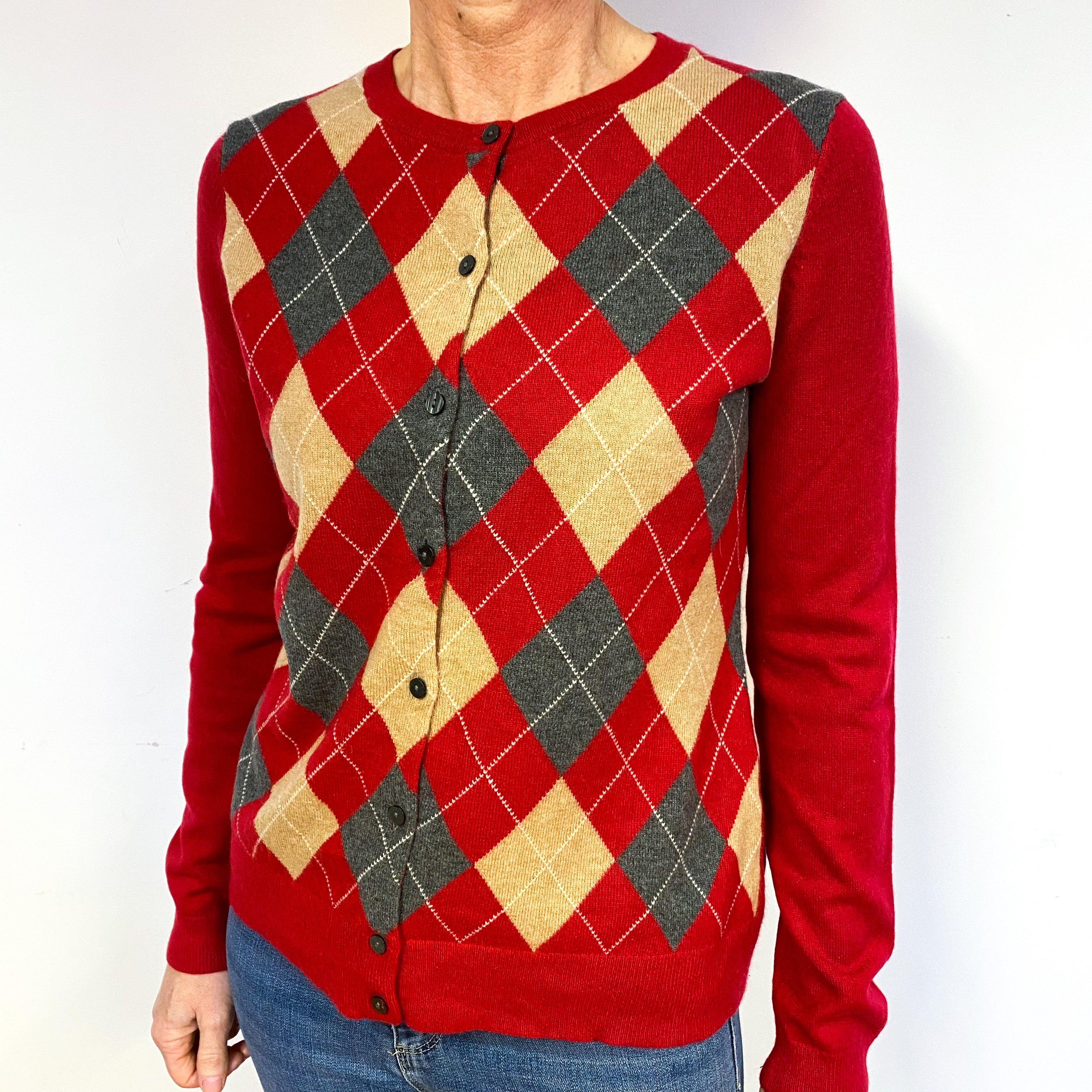 Red Grey And Beige Argyle Cashmere Cardigan Medium