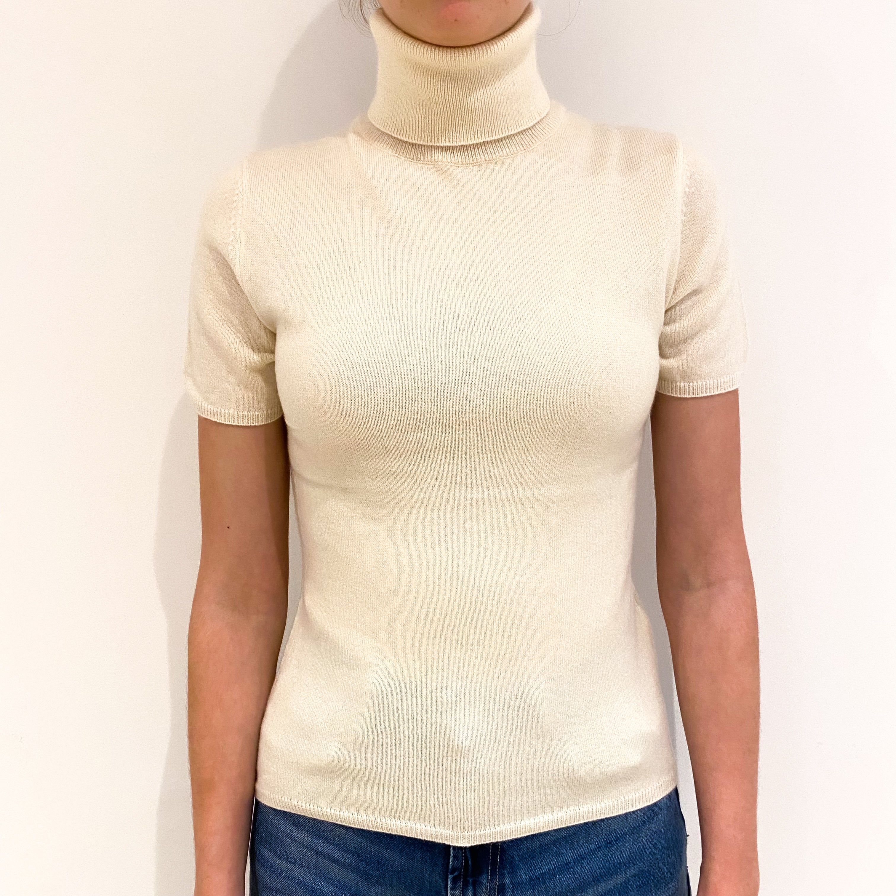Cream Short Sleeved Cashmere Polo Neck Jumper Extra Small