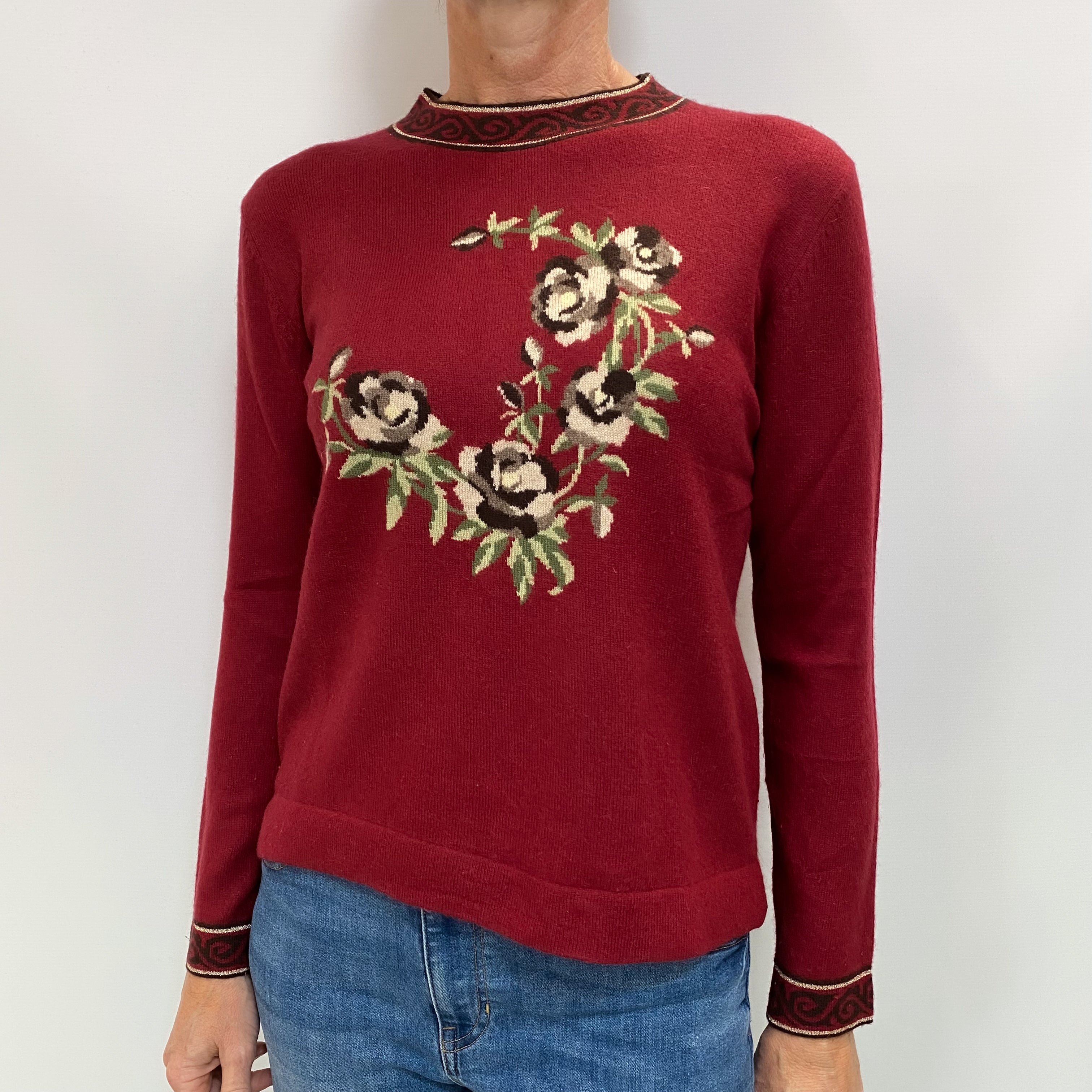 Burgundy Red Floral Cashmere High Crew Neck Jumper Small