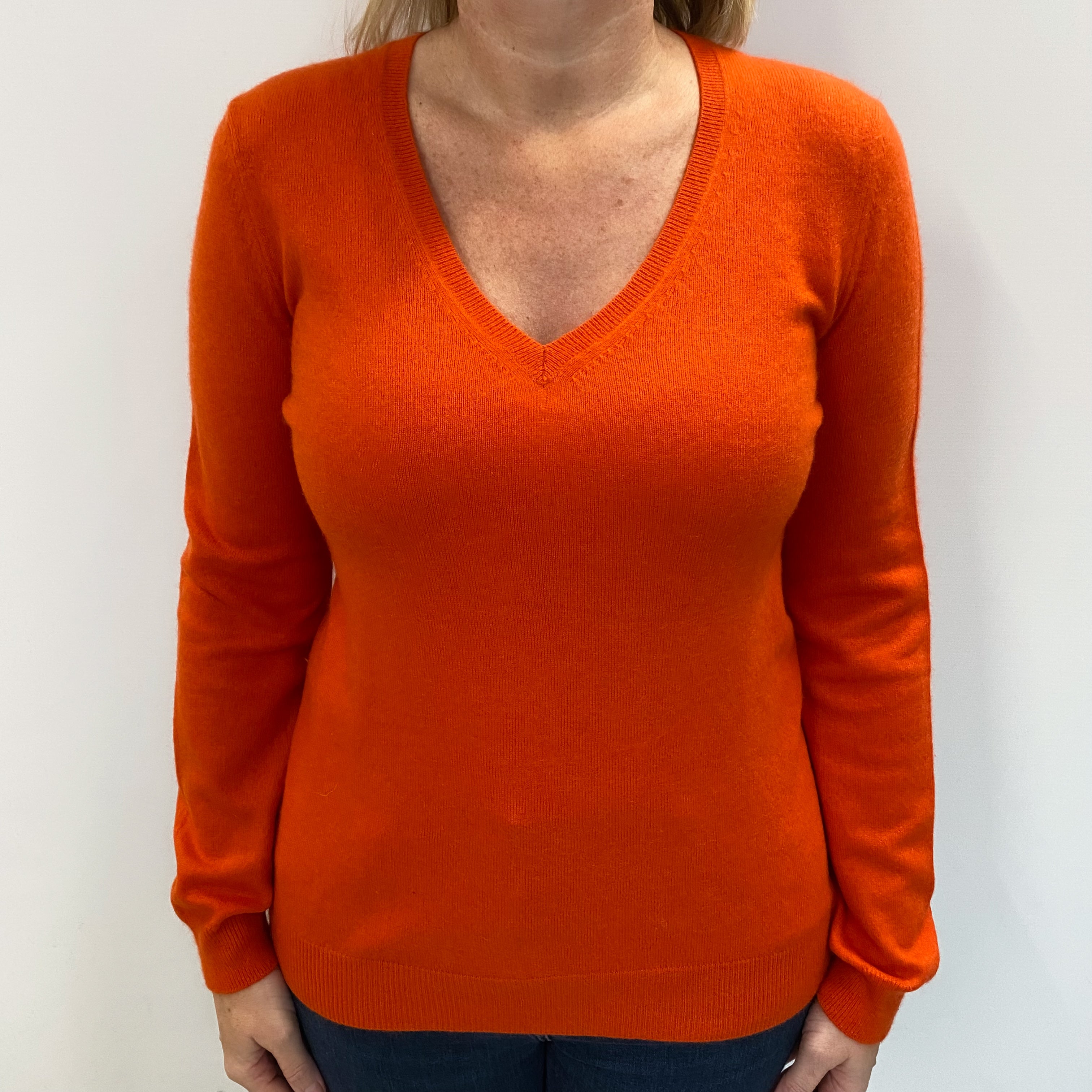 Tangerine Orange Cashmere V Neck Jumper Large