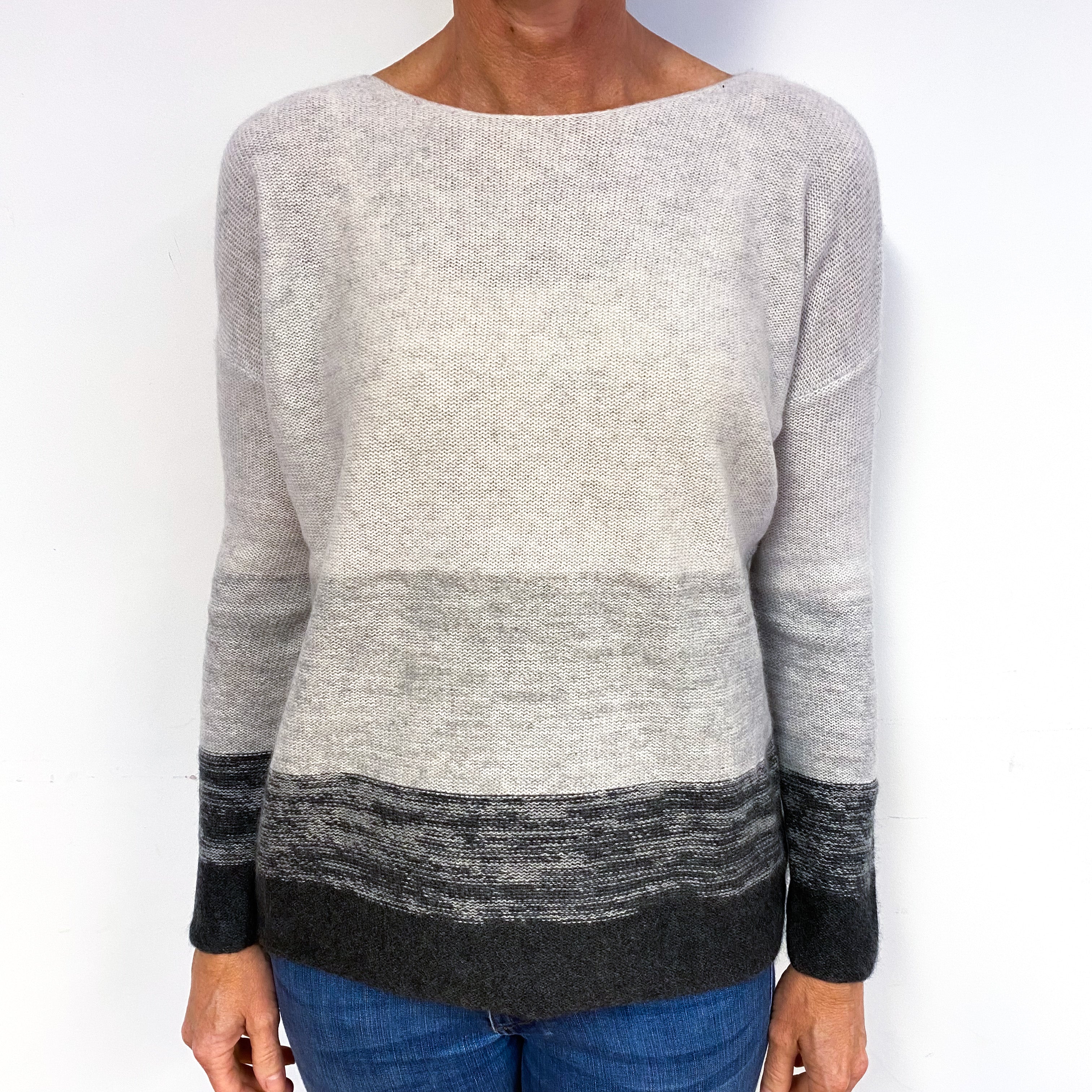 Grey Colour Block Cashmere Crew Neck Jumper Medium