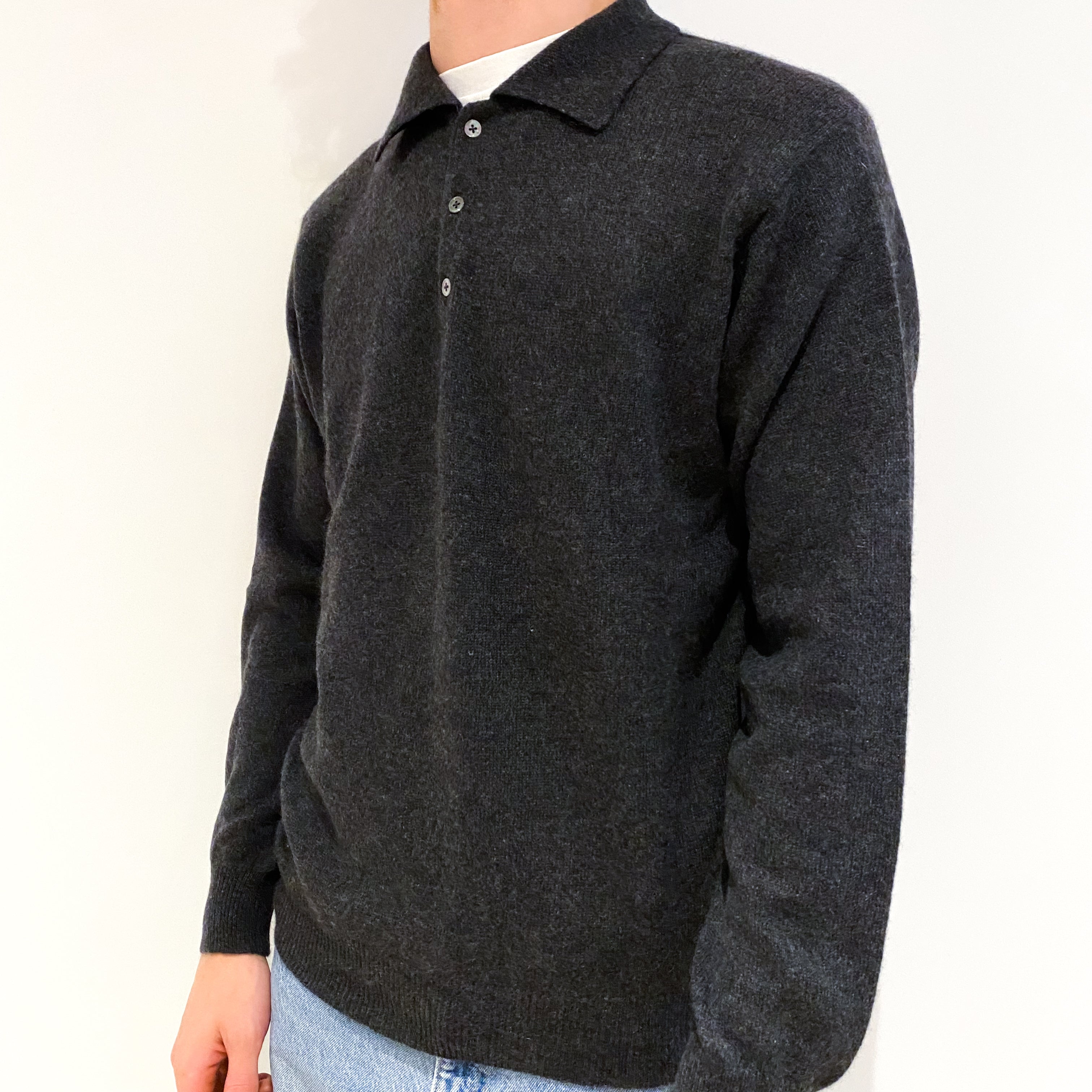 Men's Charcoal Grey Cashmere Collared 1/4 Button Jumper Medium