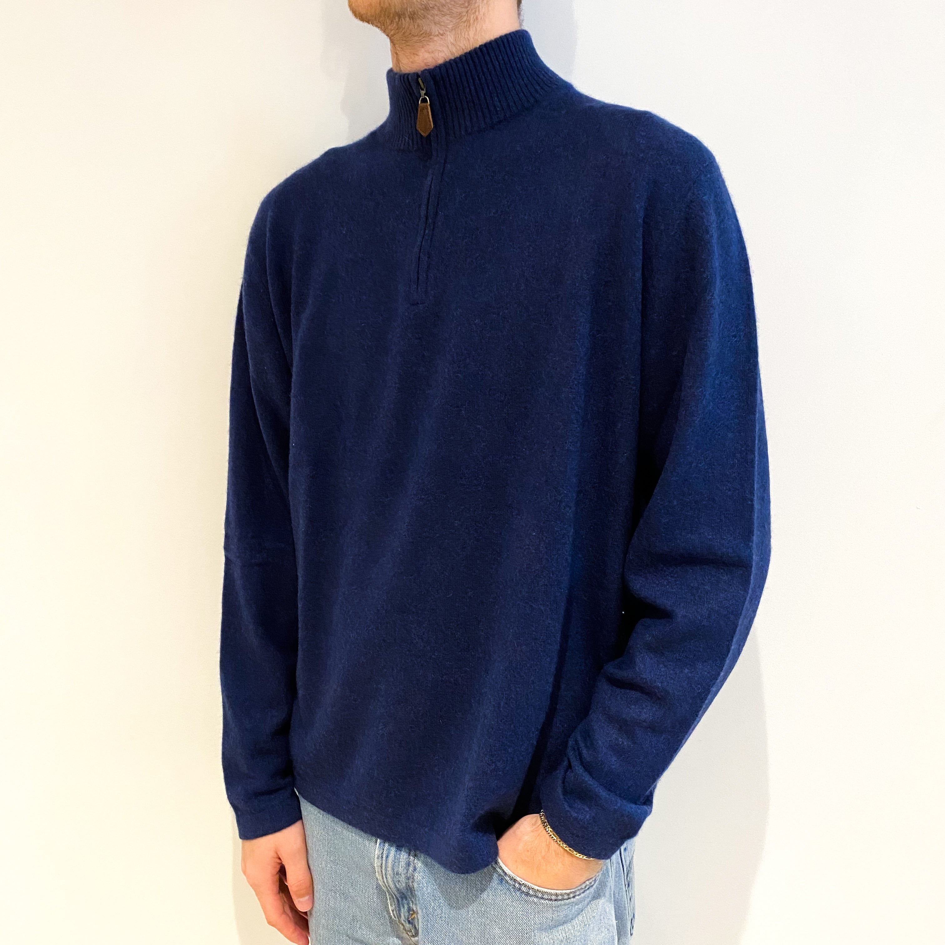 Men's Midnight Blue Cashmere 3/4 Zip V Neck Jumper Large