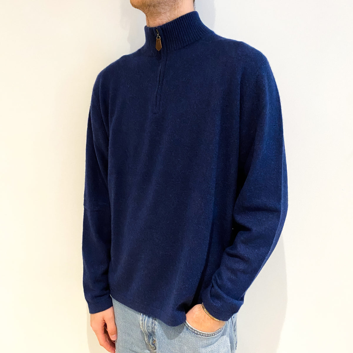 Men's Midnight Blue Cashmere 3/4 Zip V Neck Jumper Large