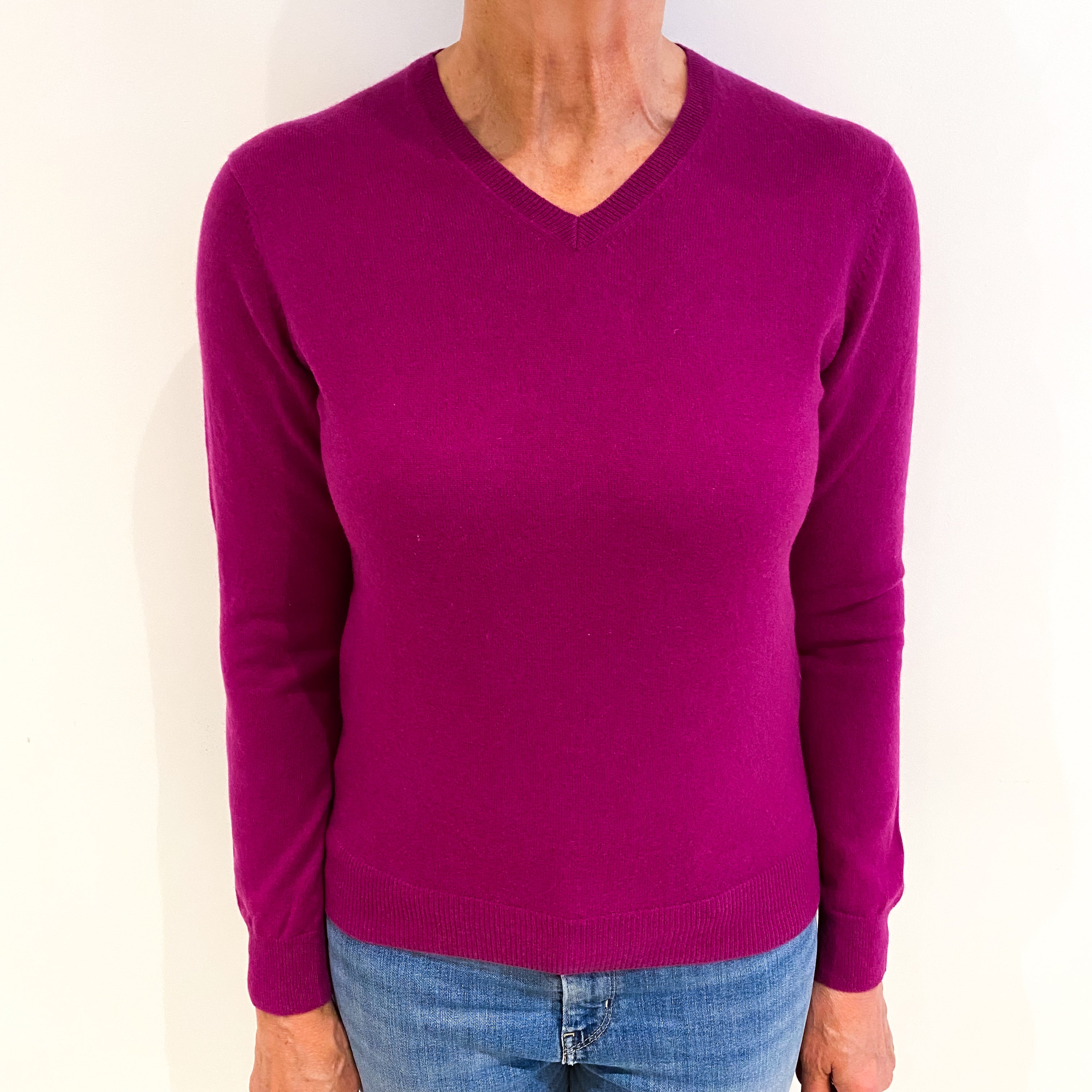 Magenta Pink Cashmere V Neck Jumper Medium