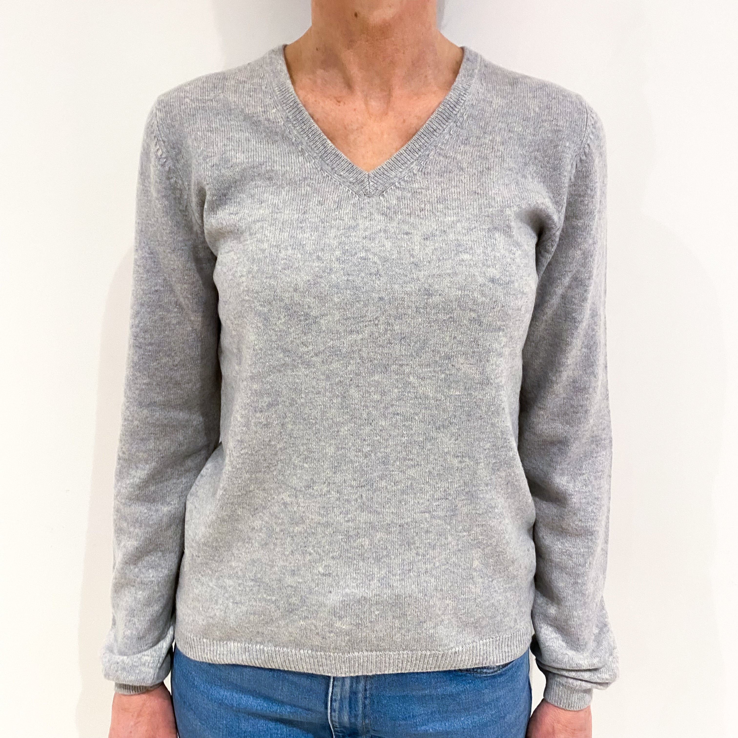 Light Smoke Grey Cashmere V Neck Jumper Small