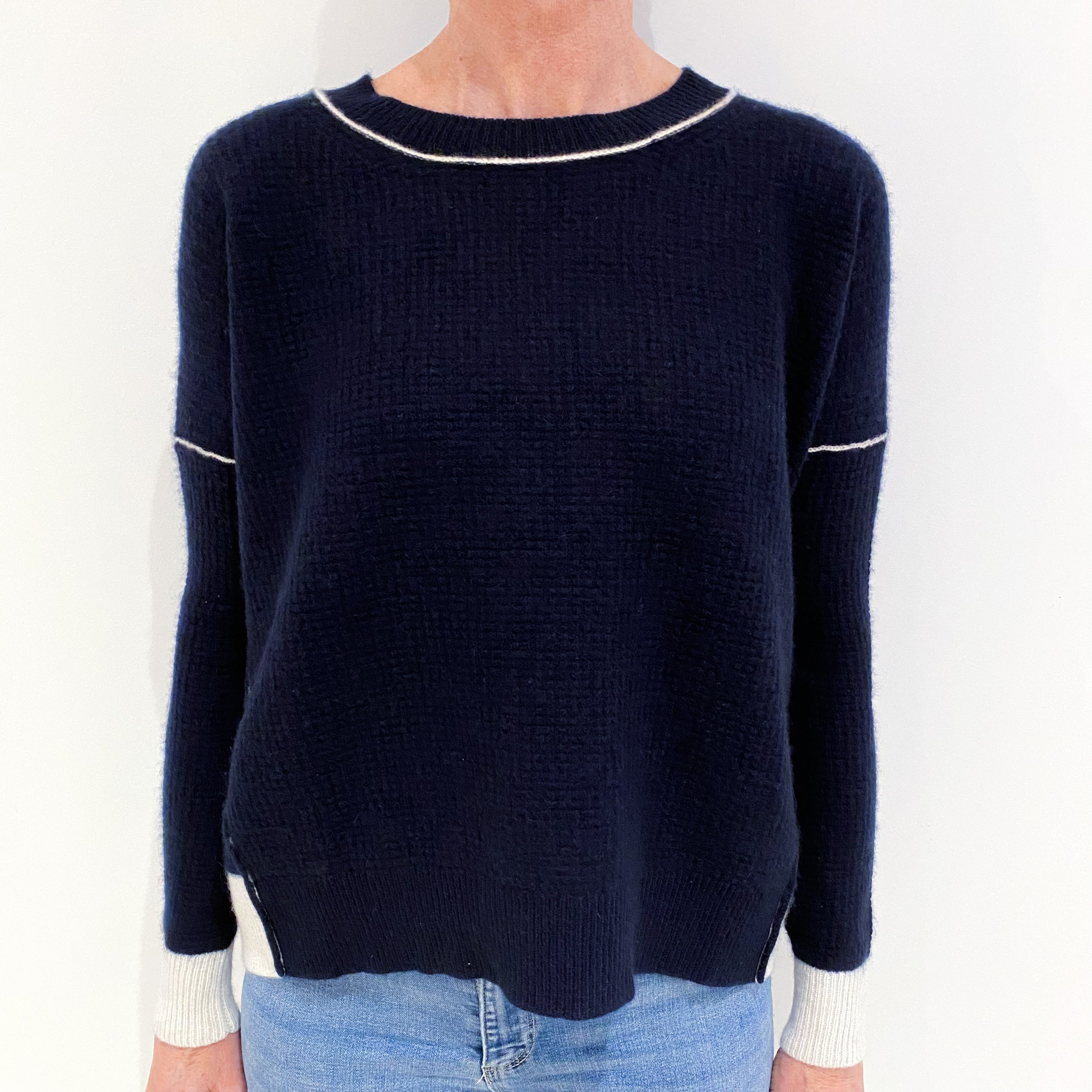 Navy Blue Waffle Cashmere Crew Neck Jumper Small