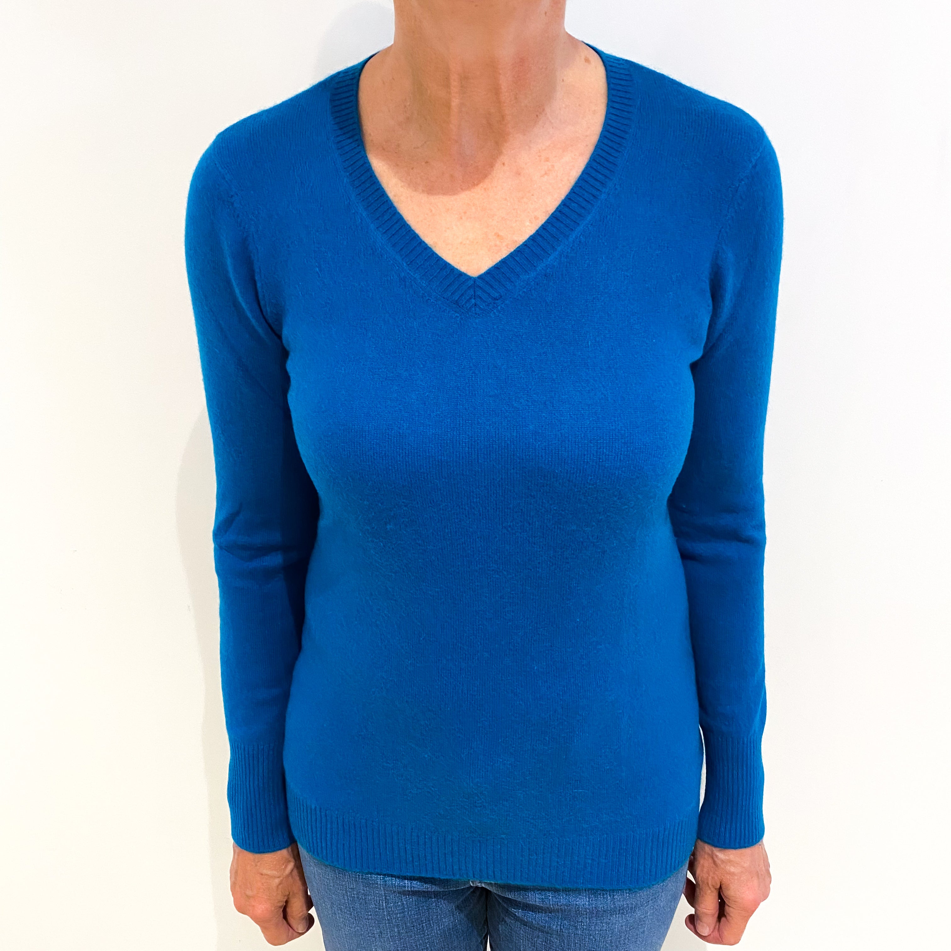 Teal Blue Cashmere V Neck Jumper Medium
