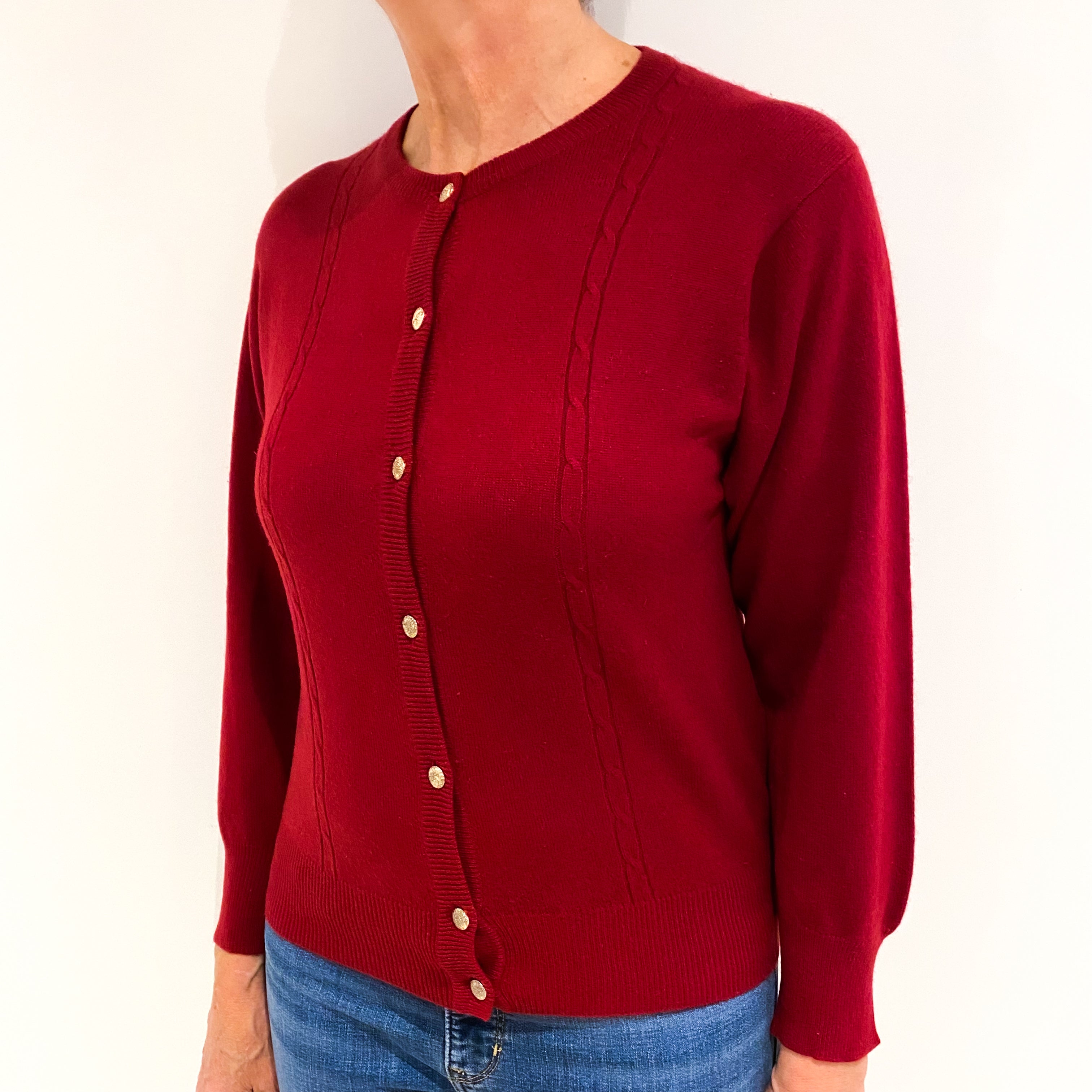 Garnet Red Cashmere Crew Neck Cardigan Medium