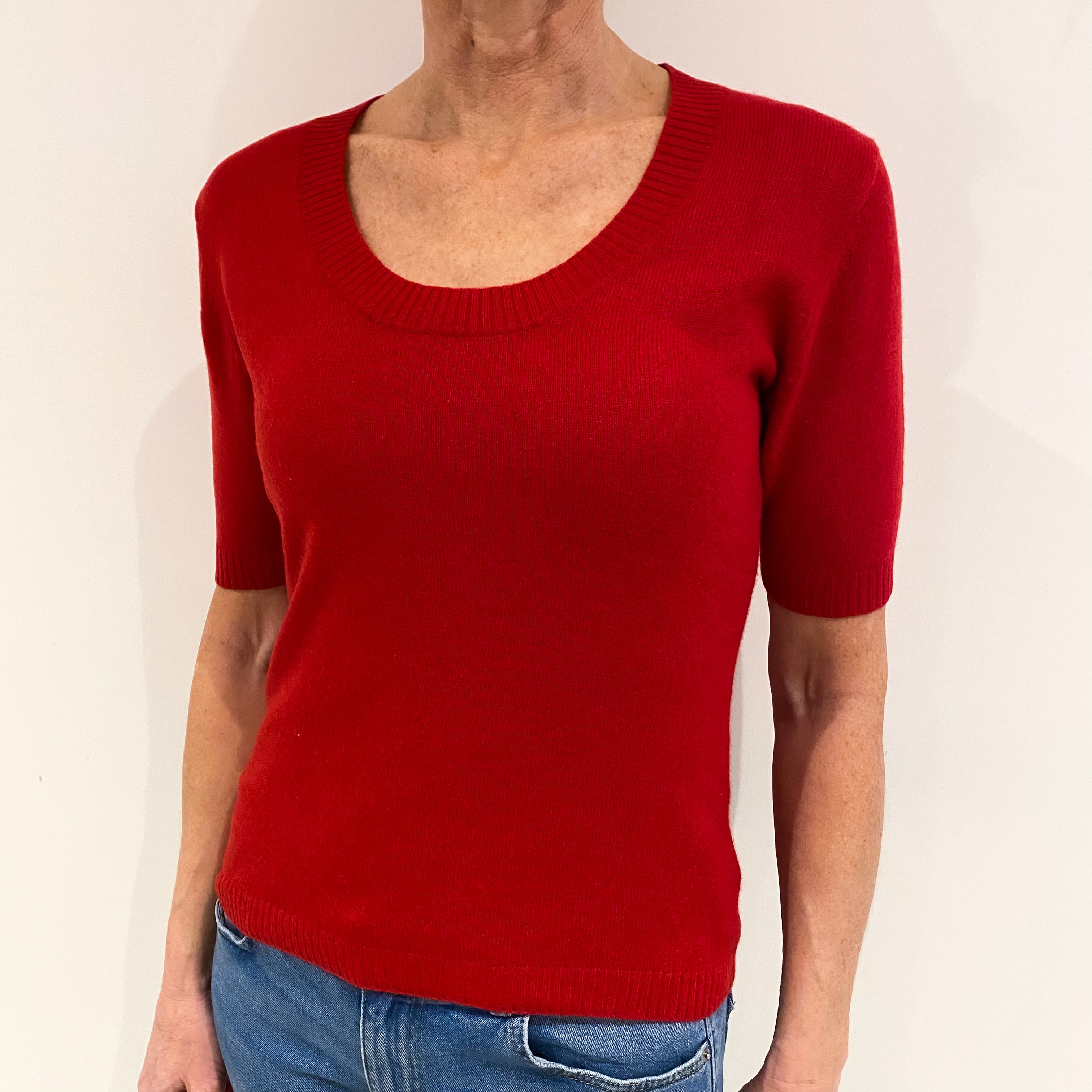 Scarlet Red Cashmere Short Sleeved Scoop Neck Jumper Small