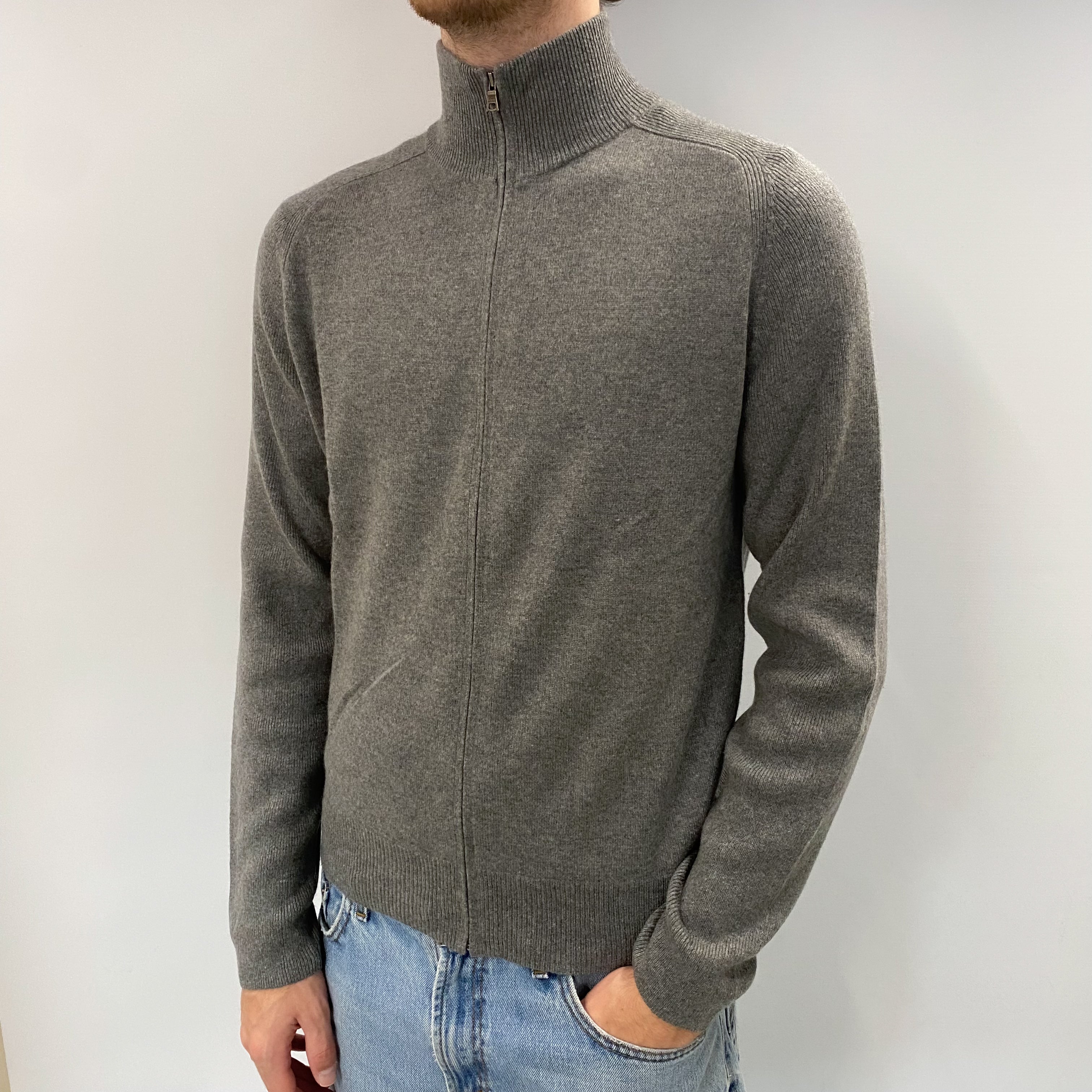 Men's Ash Grey Cashmere Zip Up Turtle Neck Cardigan Medium