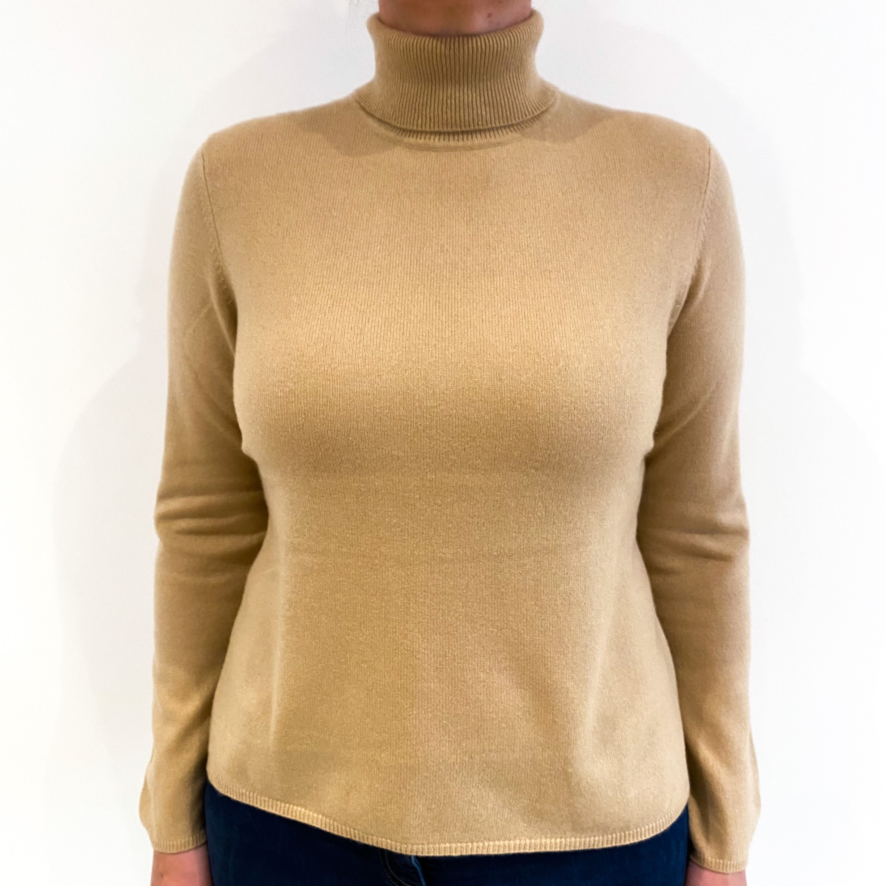 Camel Brown Cashmere Polo Neck Jumper Large