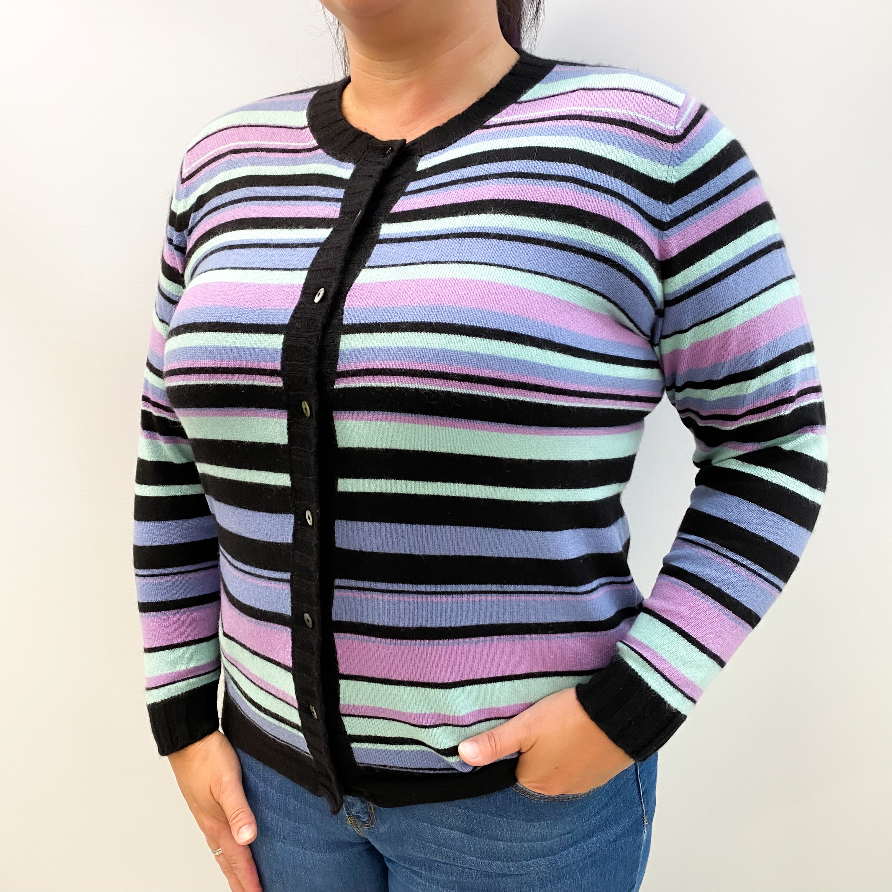 Black and Purple Striped Cashmere Crew Neck Cardigan Large