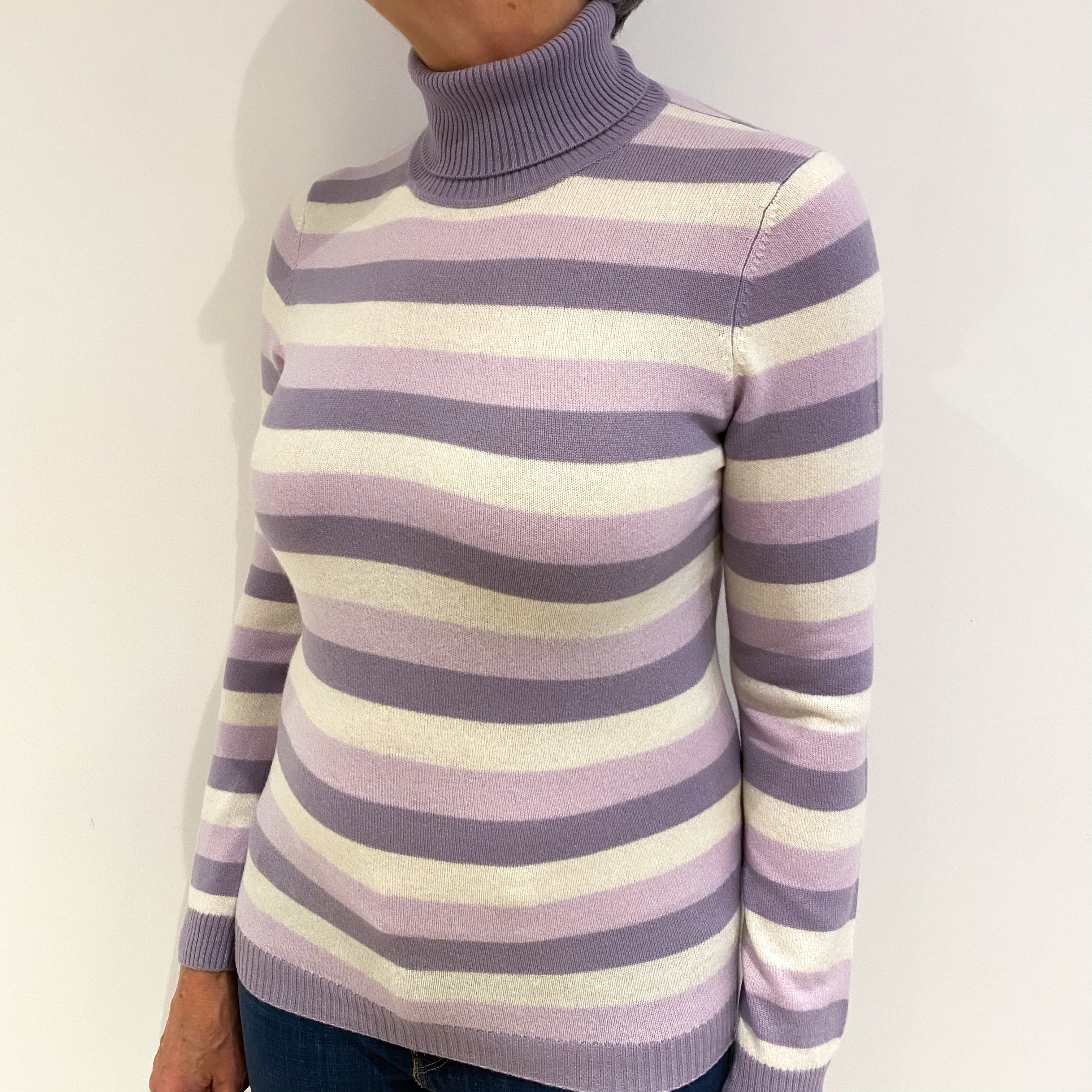 Pale Purple and Cream Striped Cashmere Polo Neck Jumper Medium