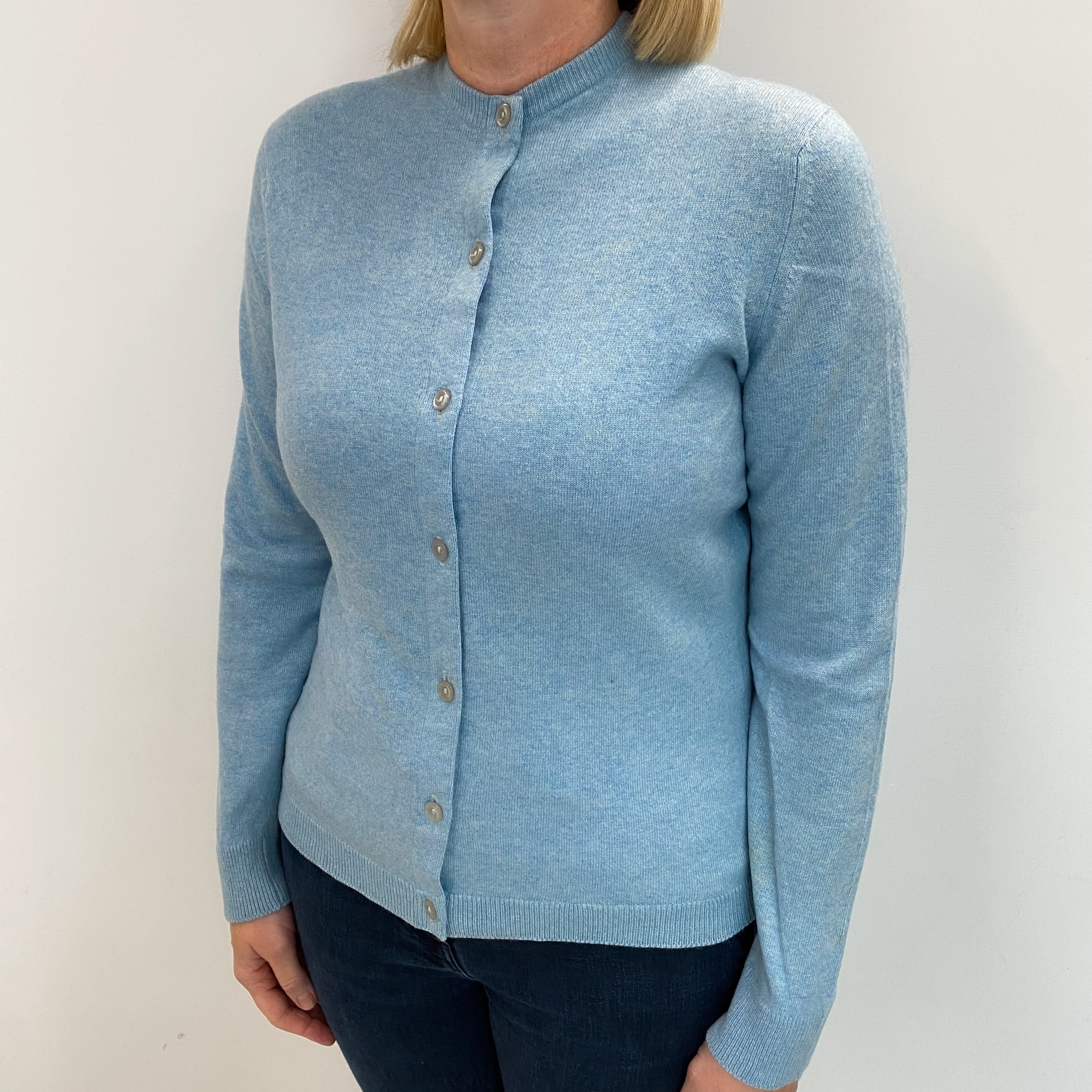 Vintage Scottish Pringle Opal Blue Cashmere Cardigan Large