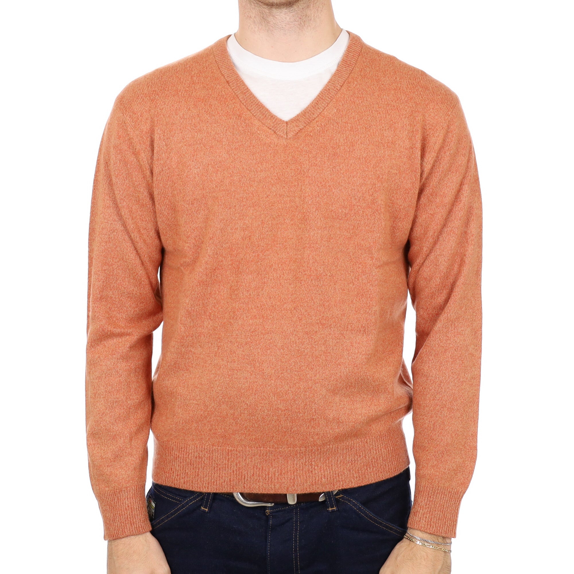 Men's Crab Orange Marl Cashmere V Neck Jumper Medium