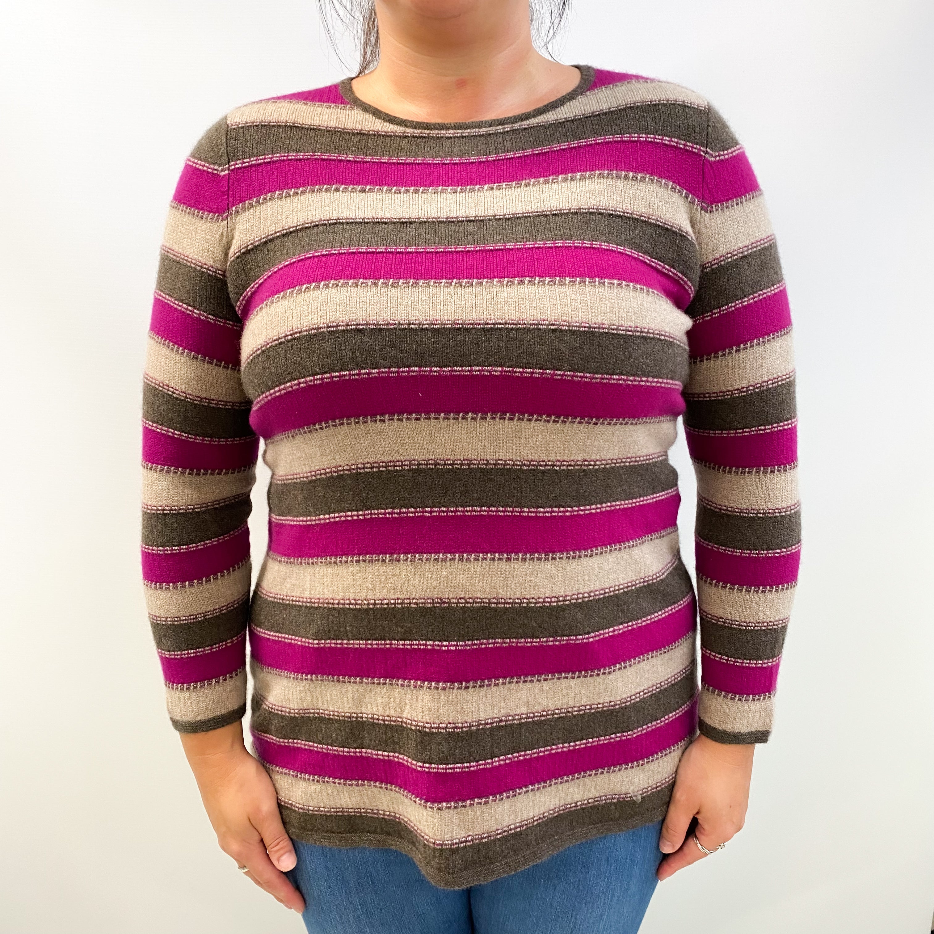 Brown and Purple Striped Cashmere Crew Neck Jumper Large
