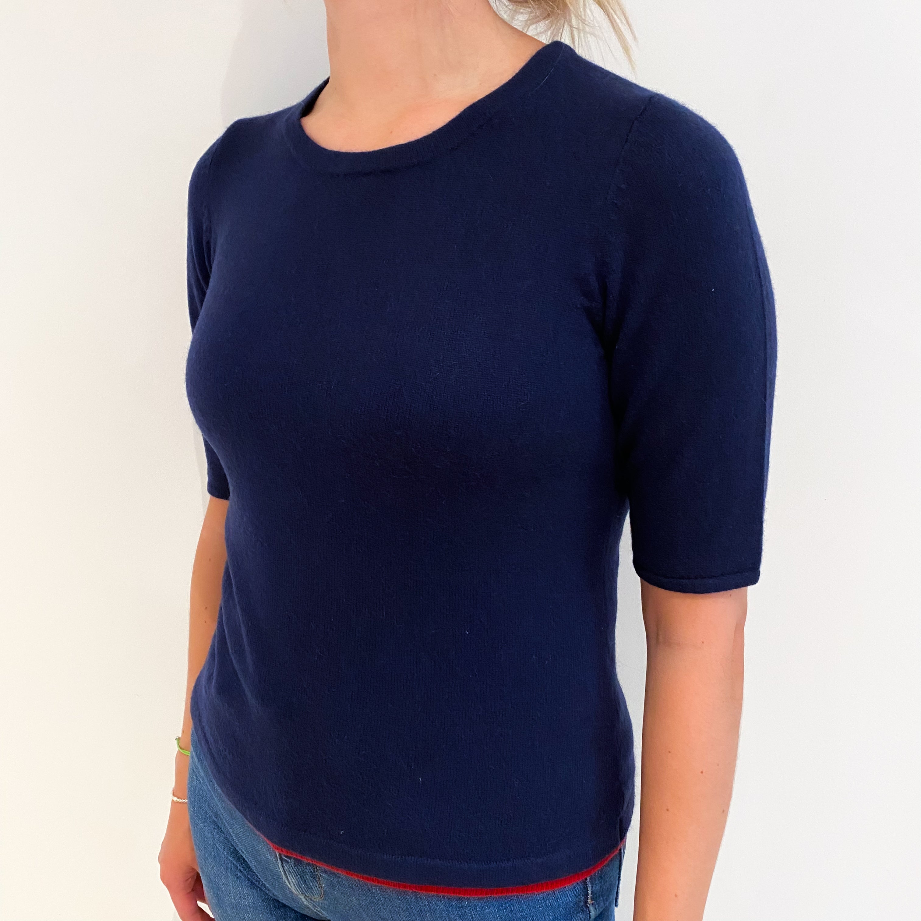 Navy Blue Cashmere Polo Neck Short Sleeved Jumper Small
