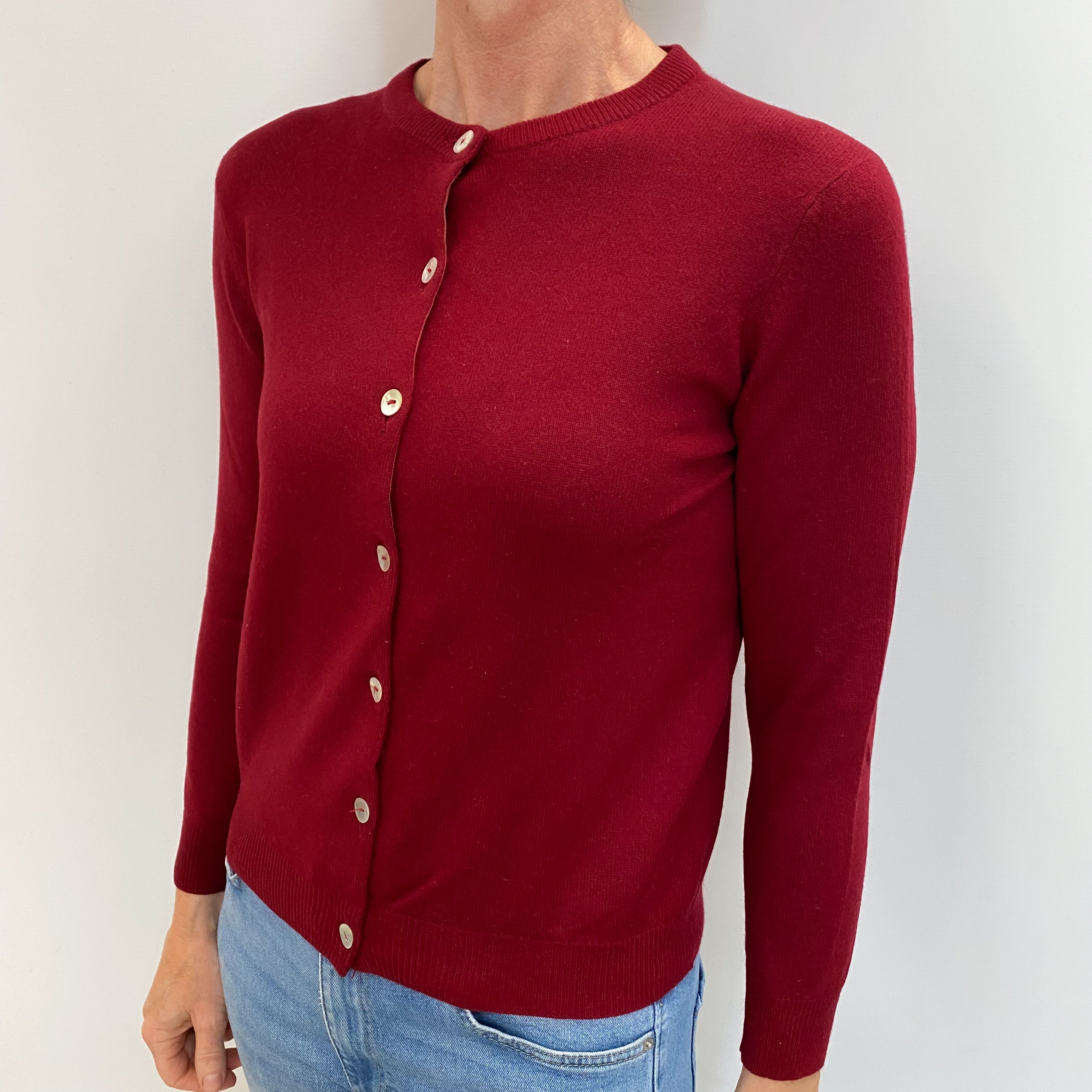 Burgundy Red Cashmere Crew Neck Cardigan Small