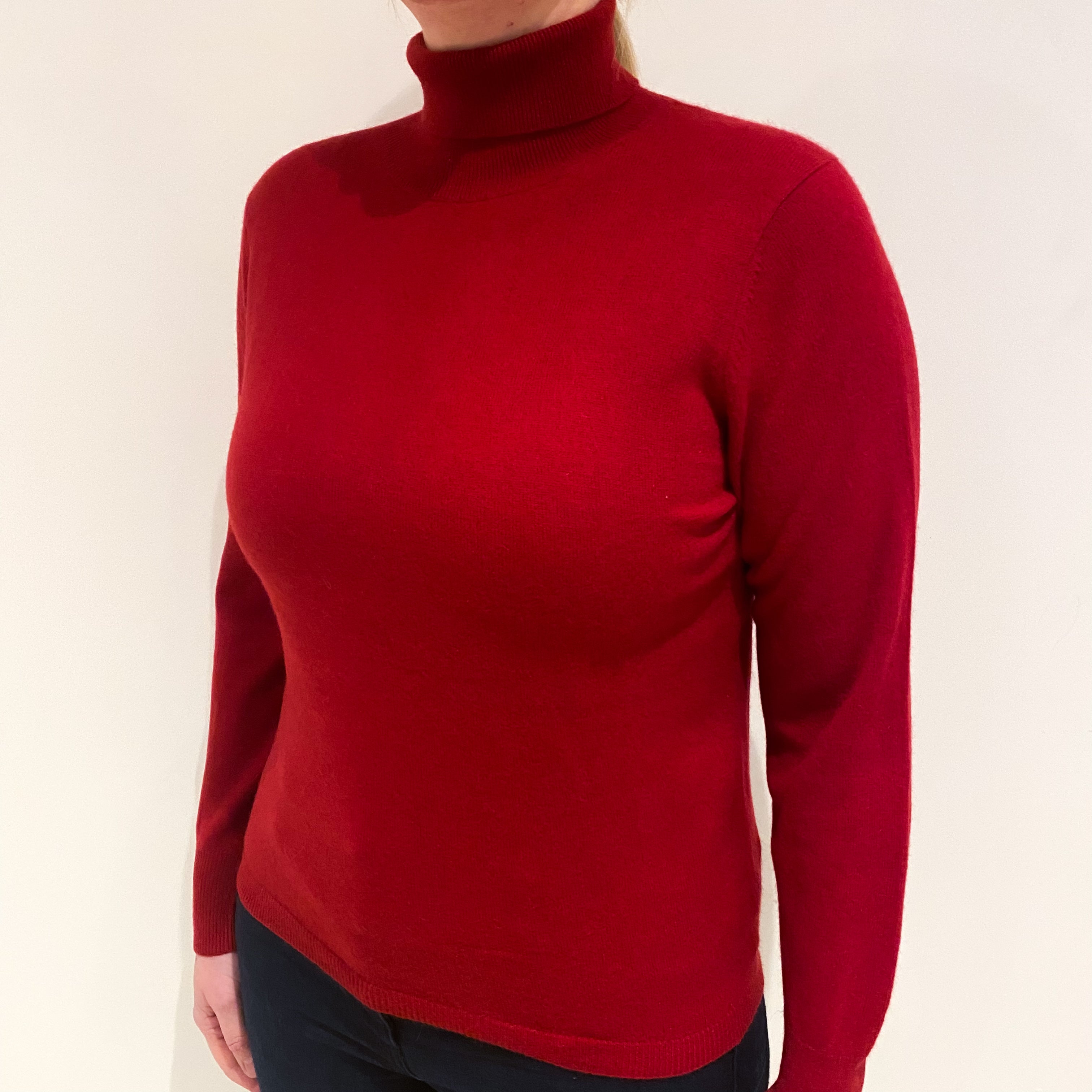 Crimson Red Cashmere Polo Neck Jumper Large