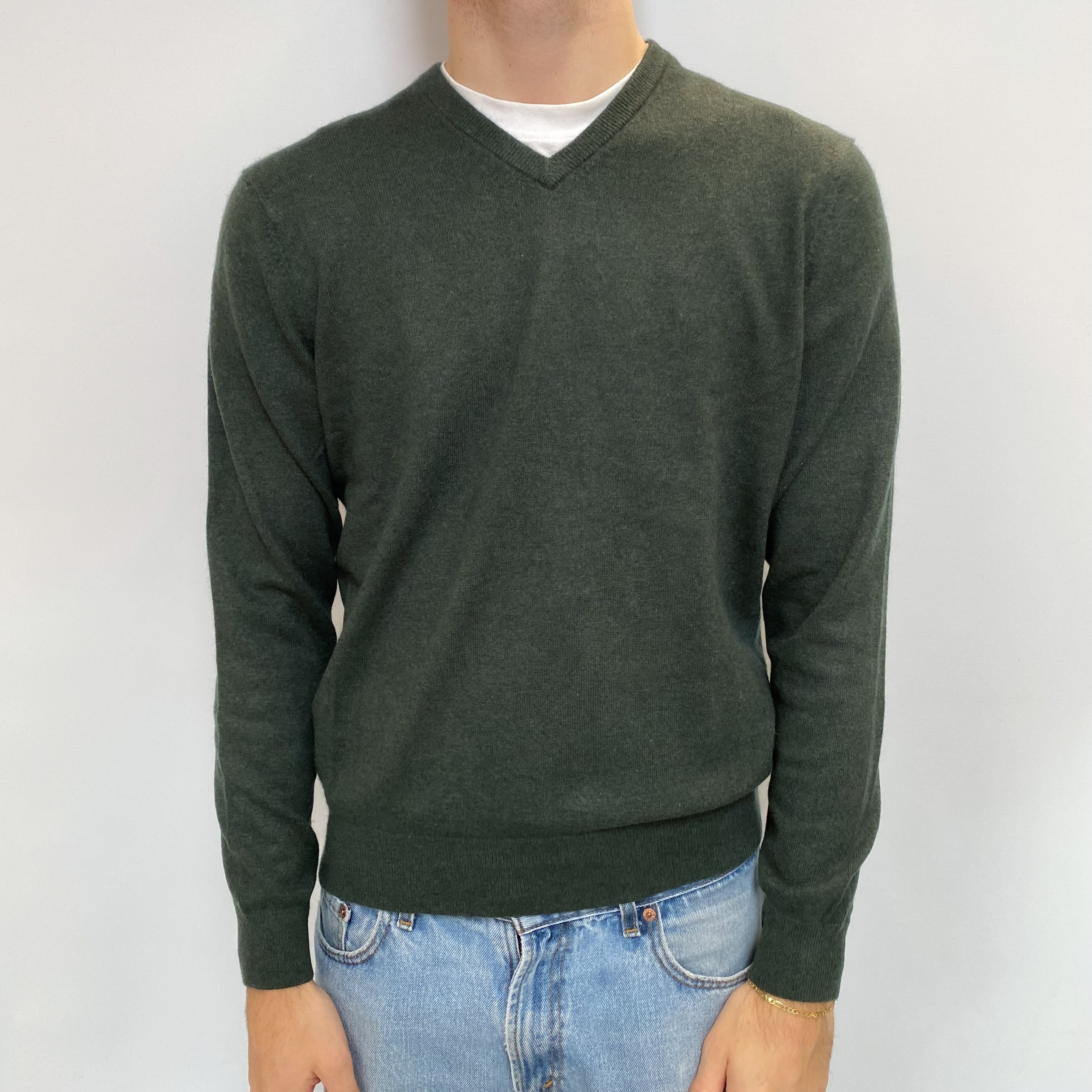 Men's Forest Green Cashmere V Neck Jumper Large