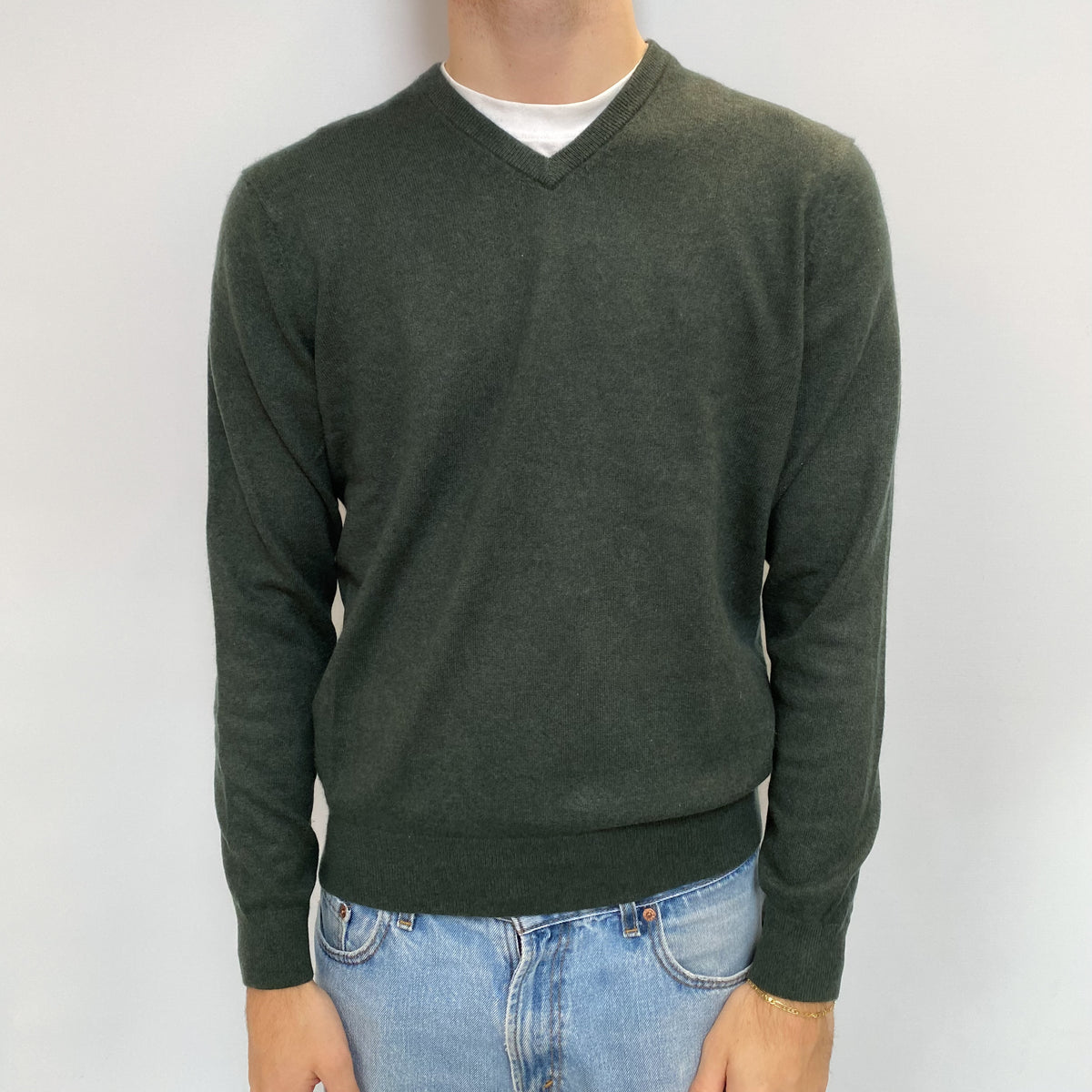 Men's Forest Green Cashmere V Neck Jumper Large