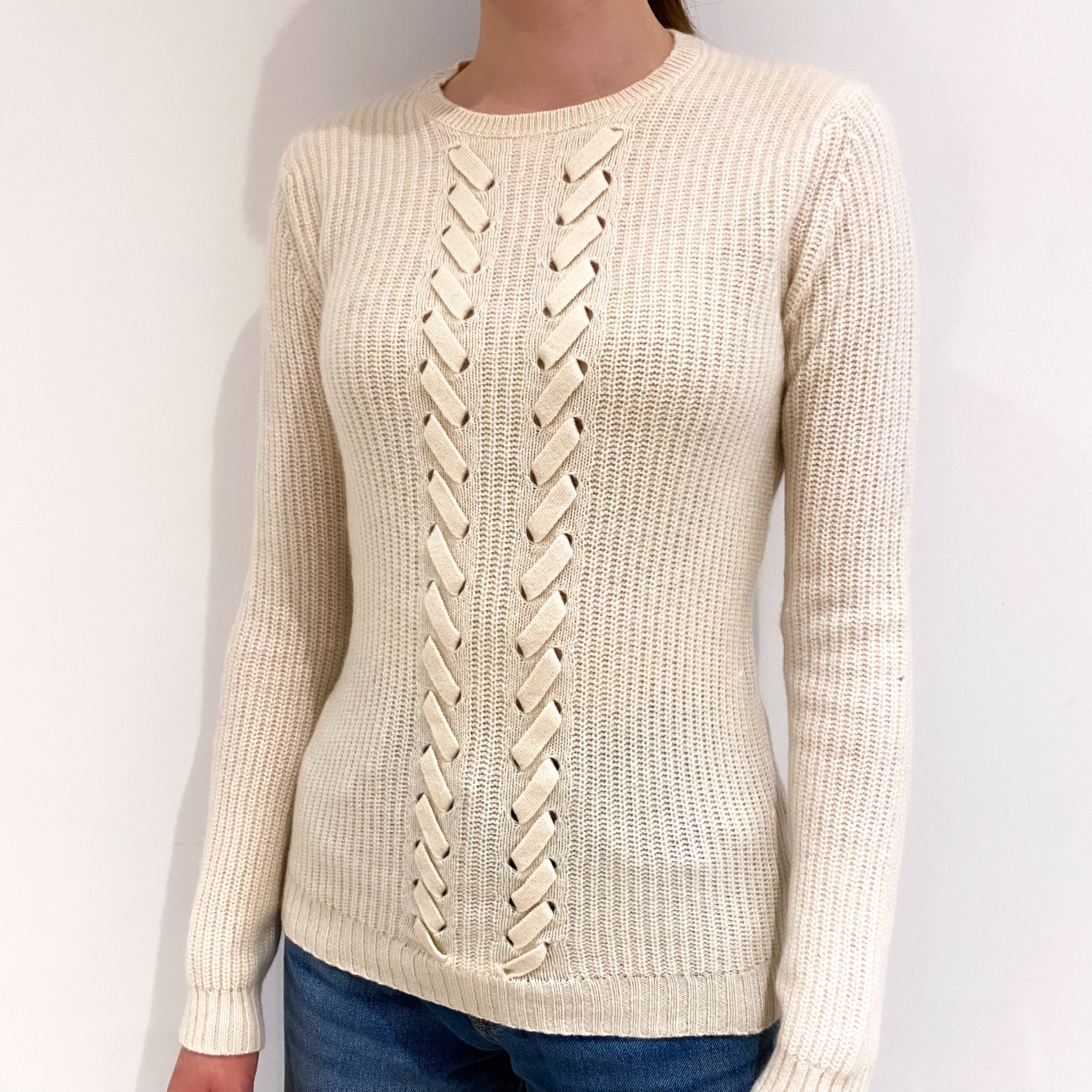 Cream Lace Up Detail Cashmere Crew Neck Jumper Extra Small