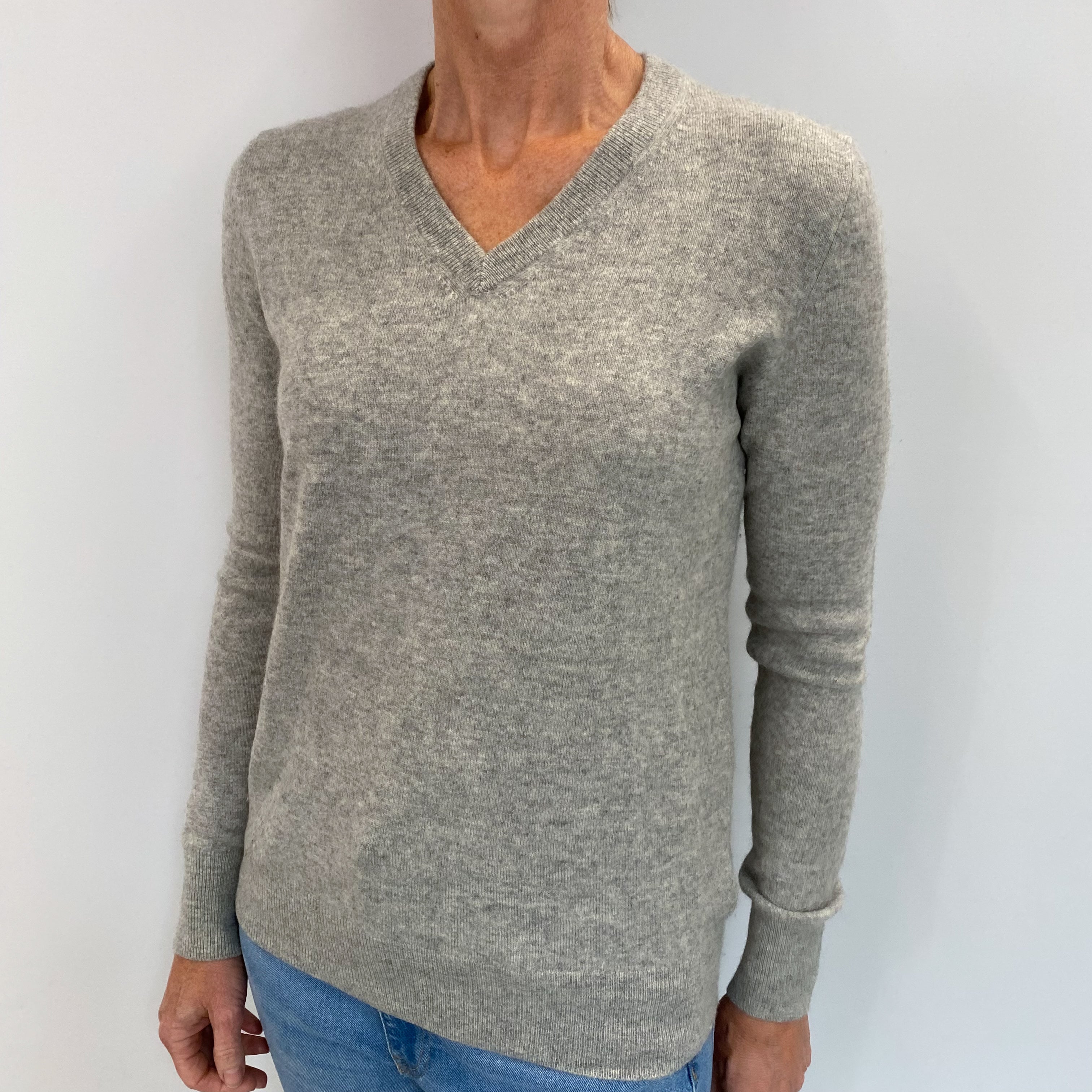 Ash Grey Cashmere V Neck Jumper Small