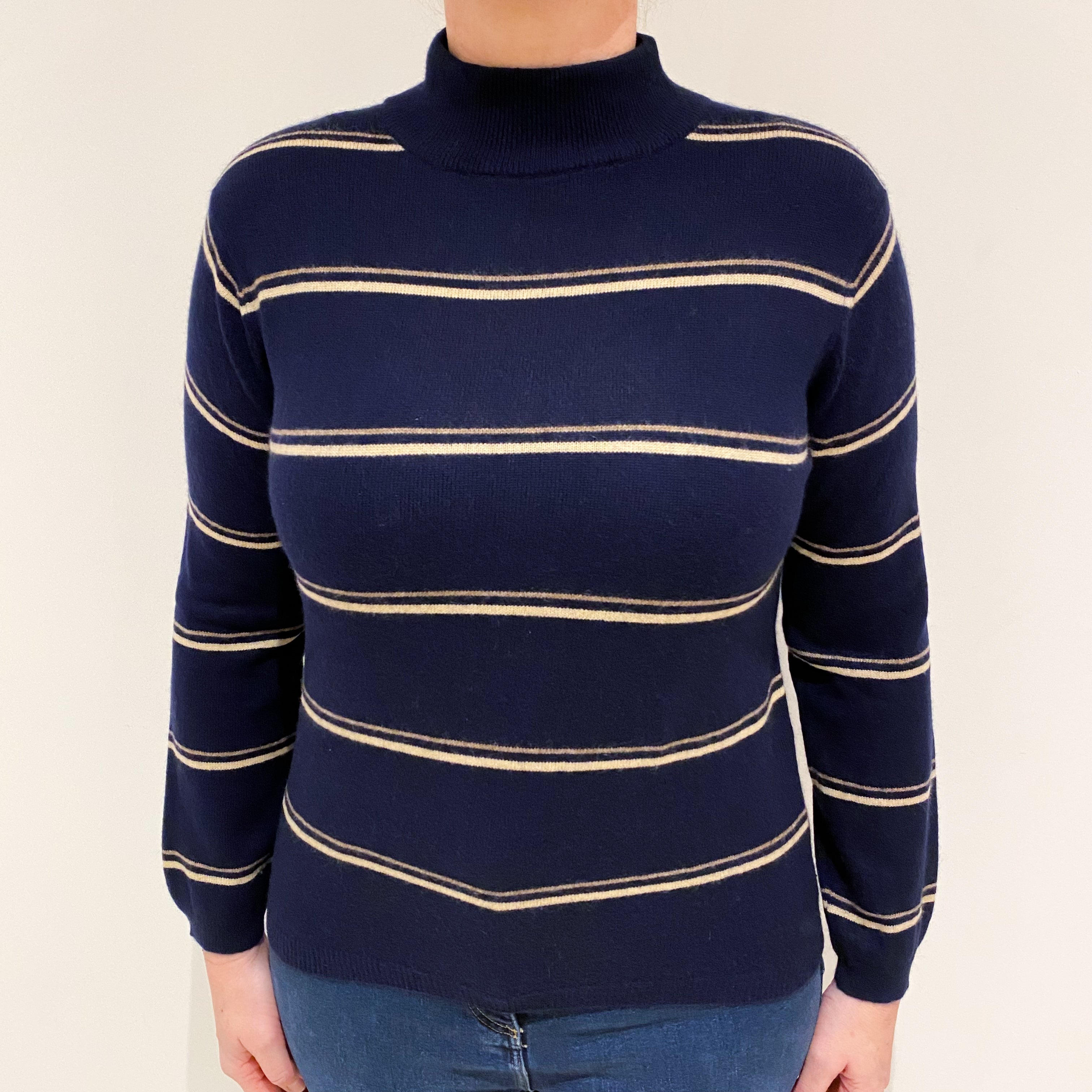 Navy Blue Beige Stripe Cashmere Turtle Neck Jumper Large