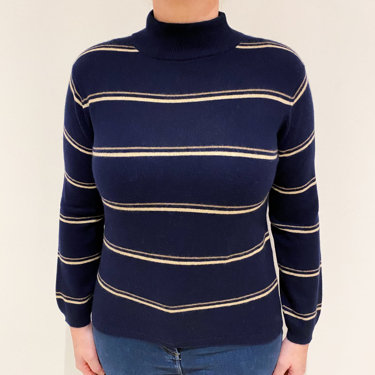 Navy Blue Beige Stripe Cashmere Turtle Neck Jumper Large