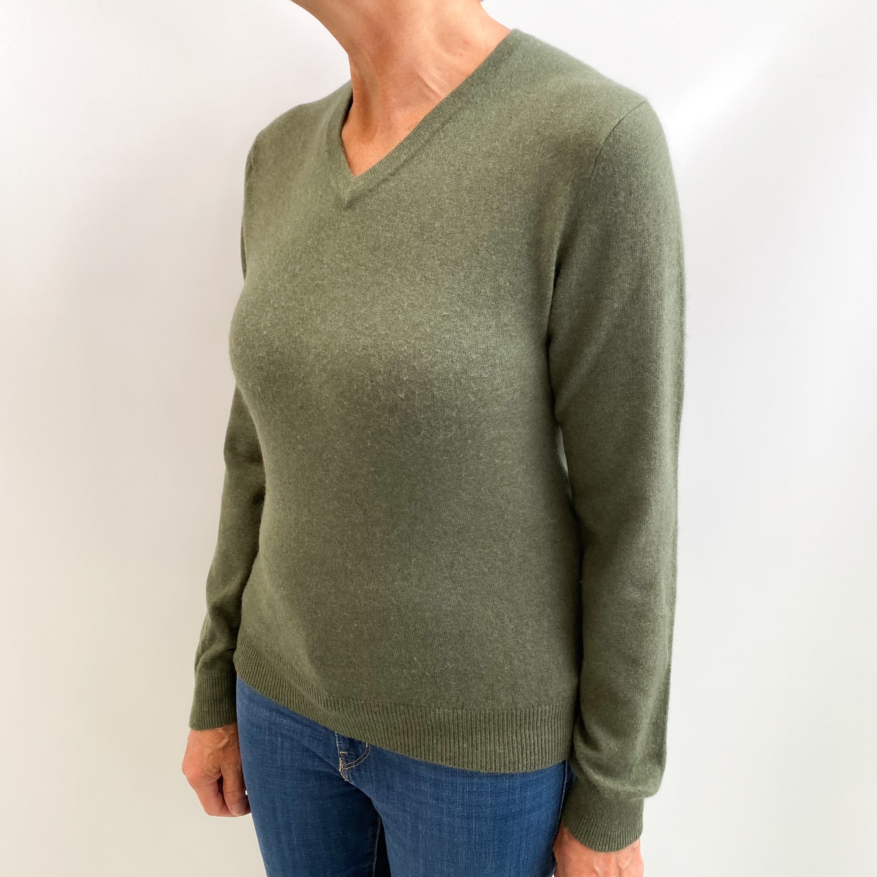 Khaki Green Cashmere V Neck Jumper Medium