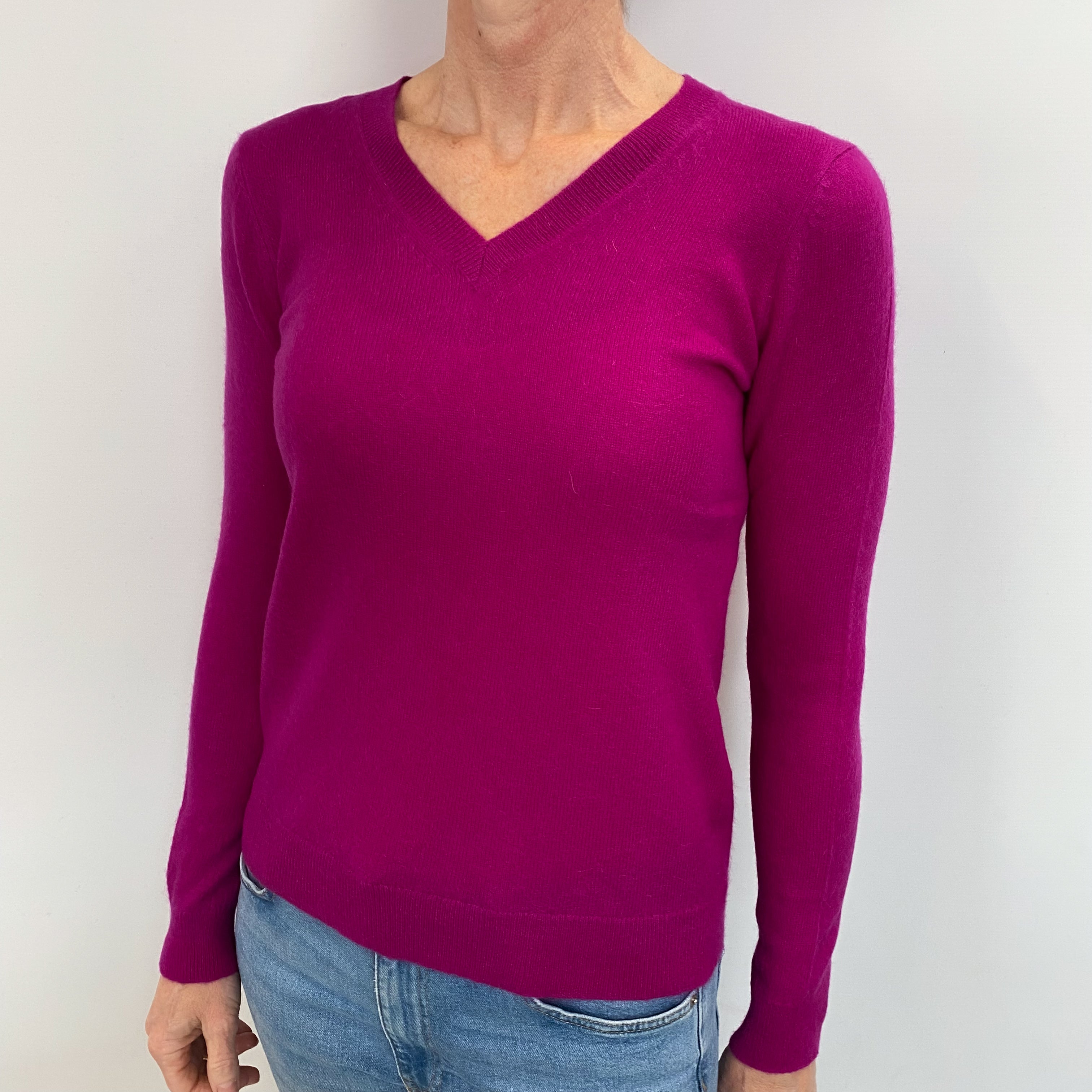 Bright Magenta Cashmere V Neck Jumper Small