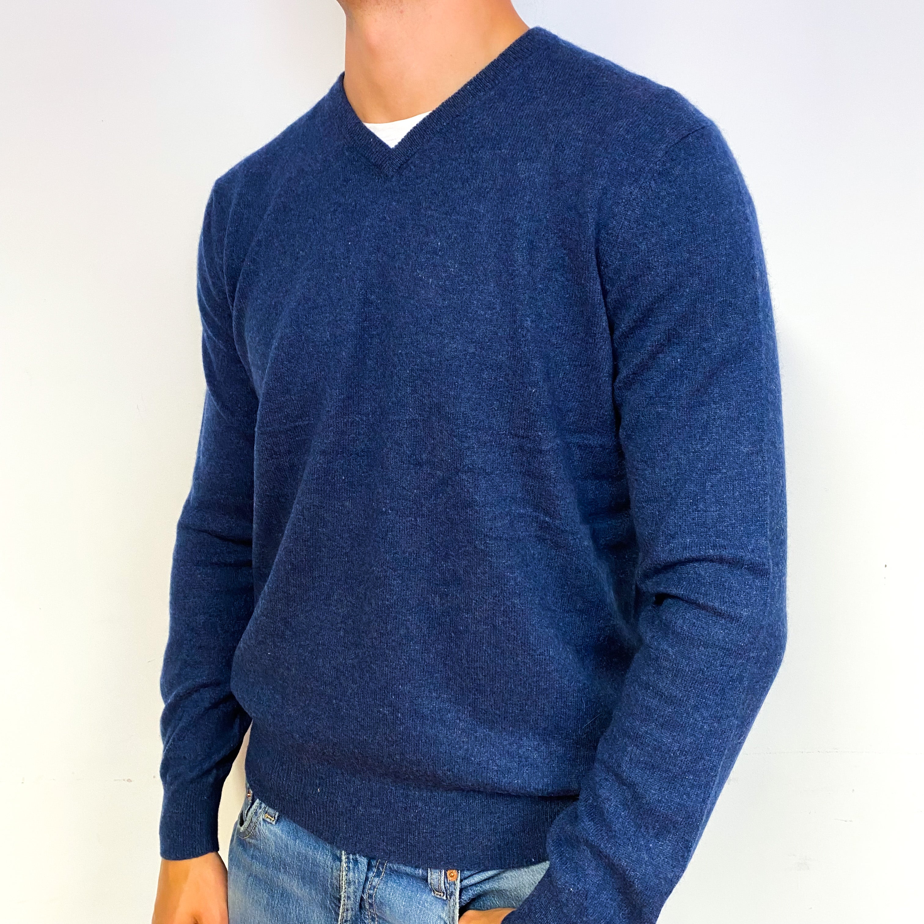 Men's Naval Blue Cashmere V-Neck Jumper Extra Large