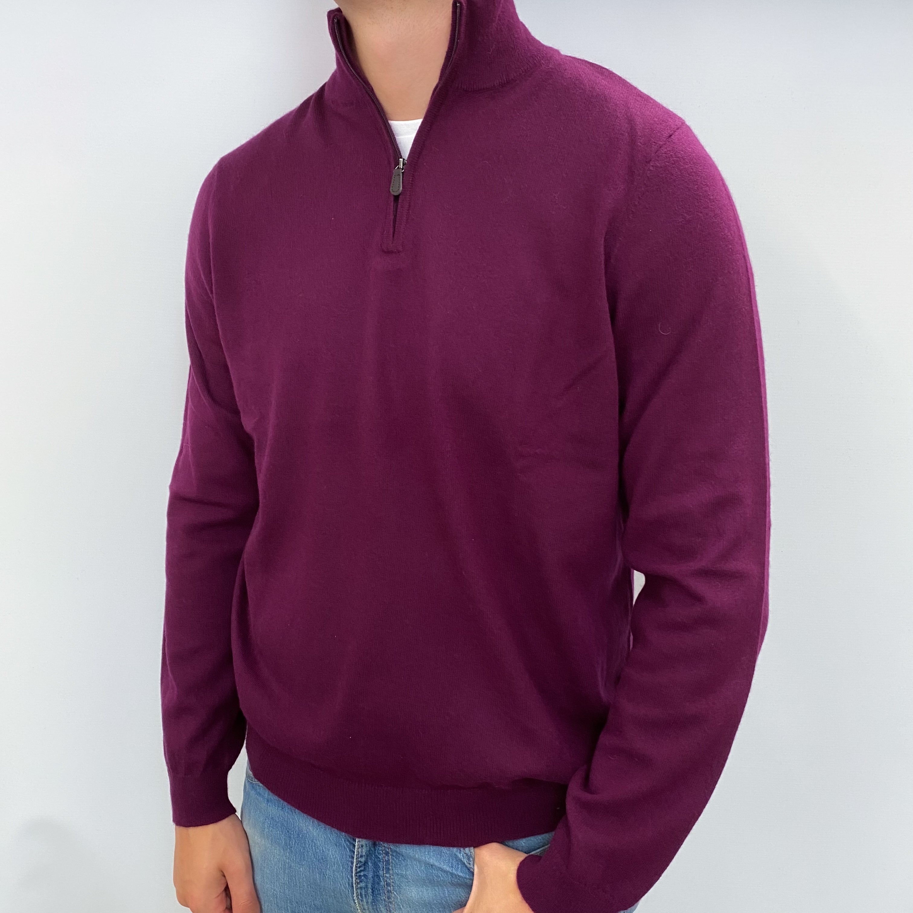 Men's Aubergine Purple Cashmere 1/4 Zip Neck Jumper XXL