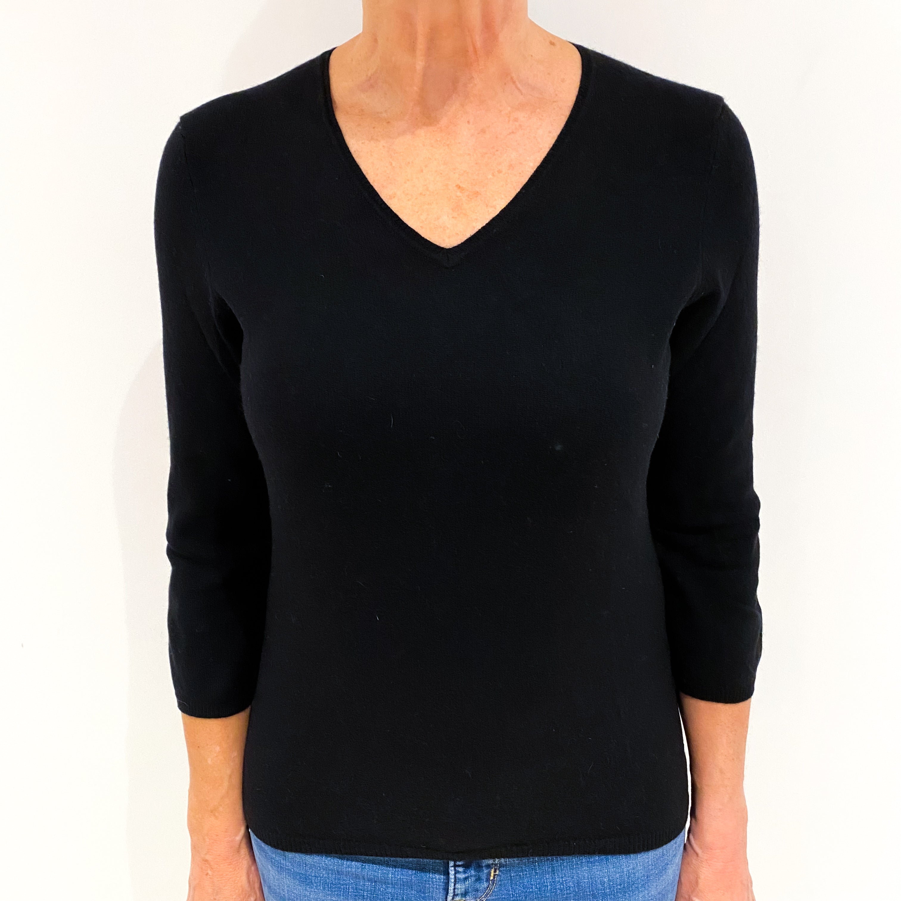 Black 3/4 Sleeve Cashmere V Neck Jumper Medium