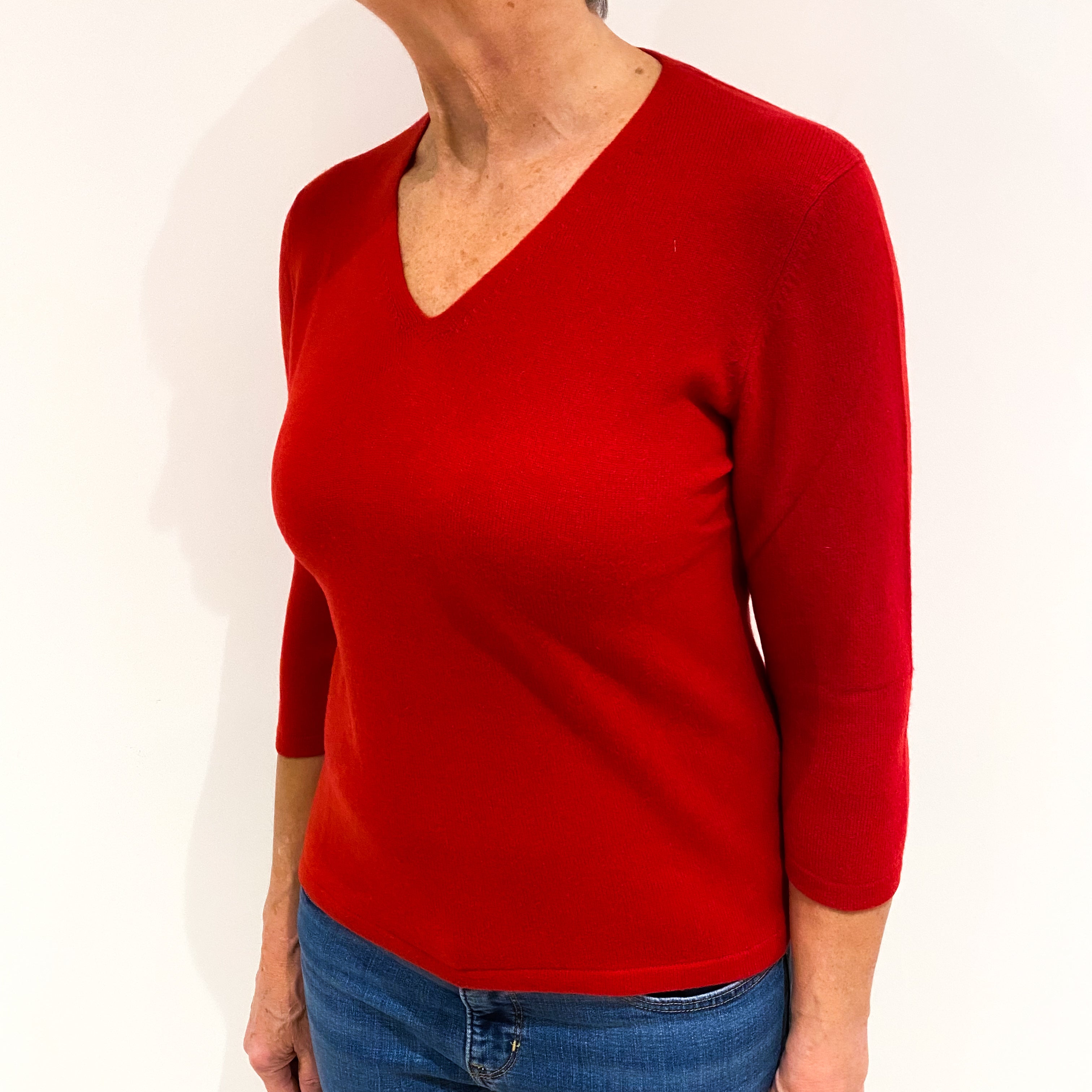 Post Box Red 3/4 Sleeve Cashmere V Neck Jumper Medium