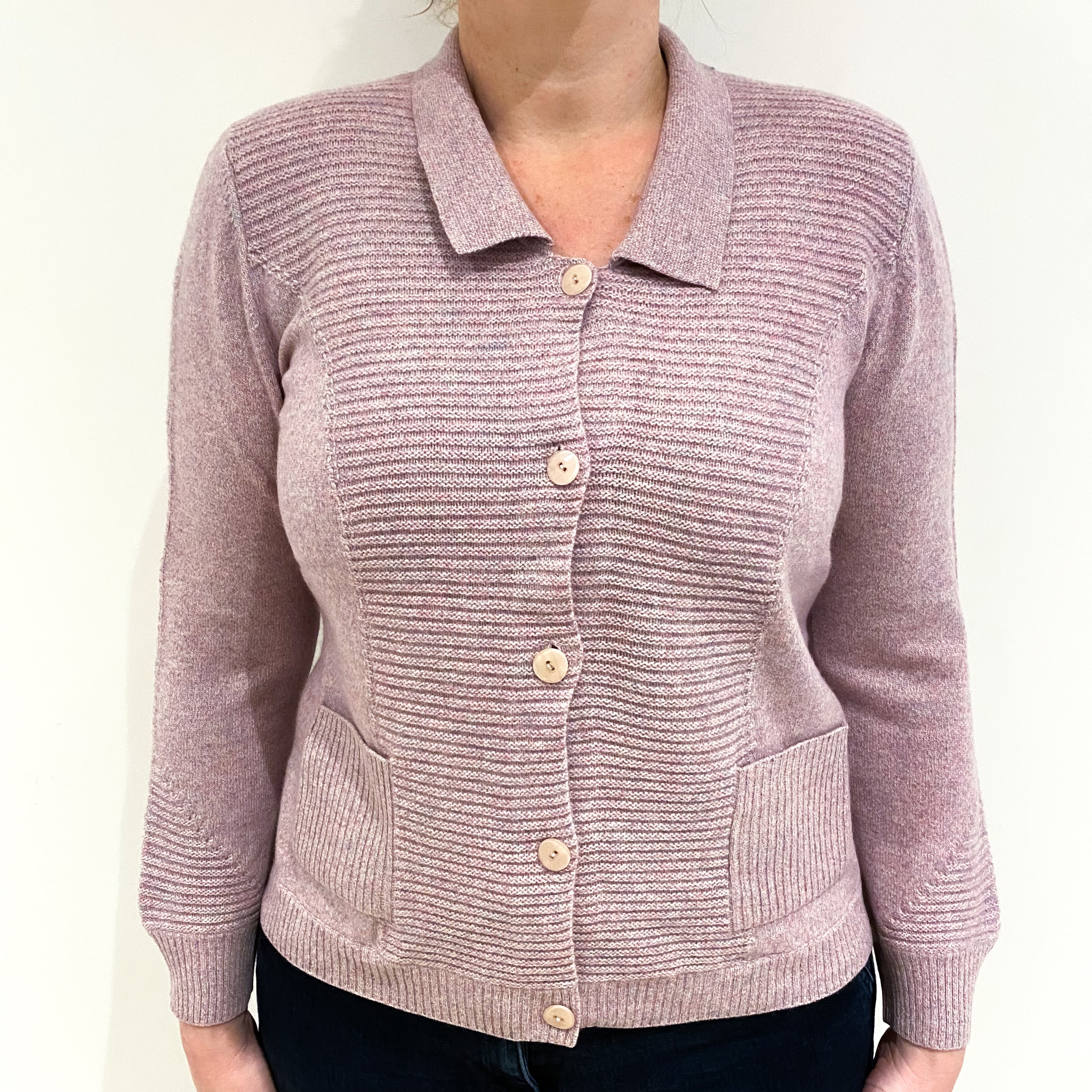 Pale Heather Marl Cashmere Crew Neck Collared Cardigan Large