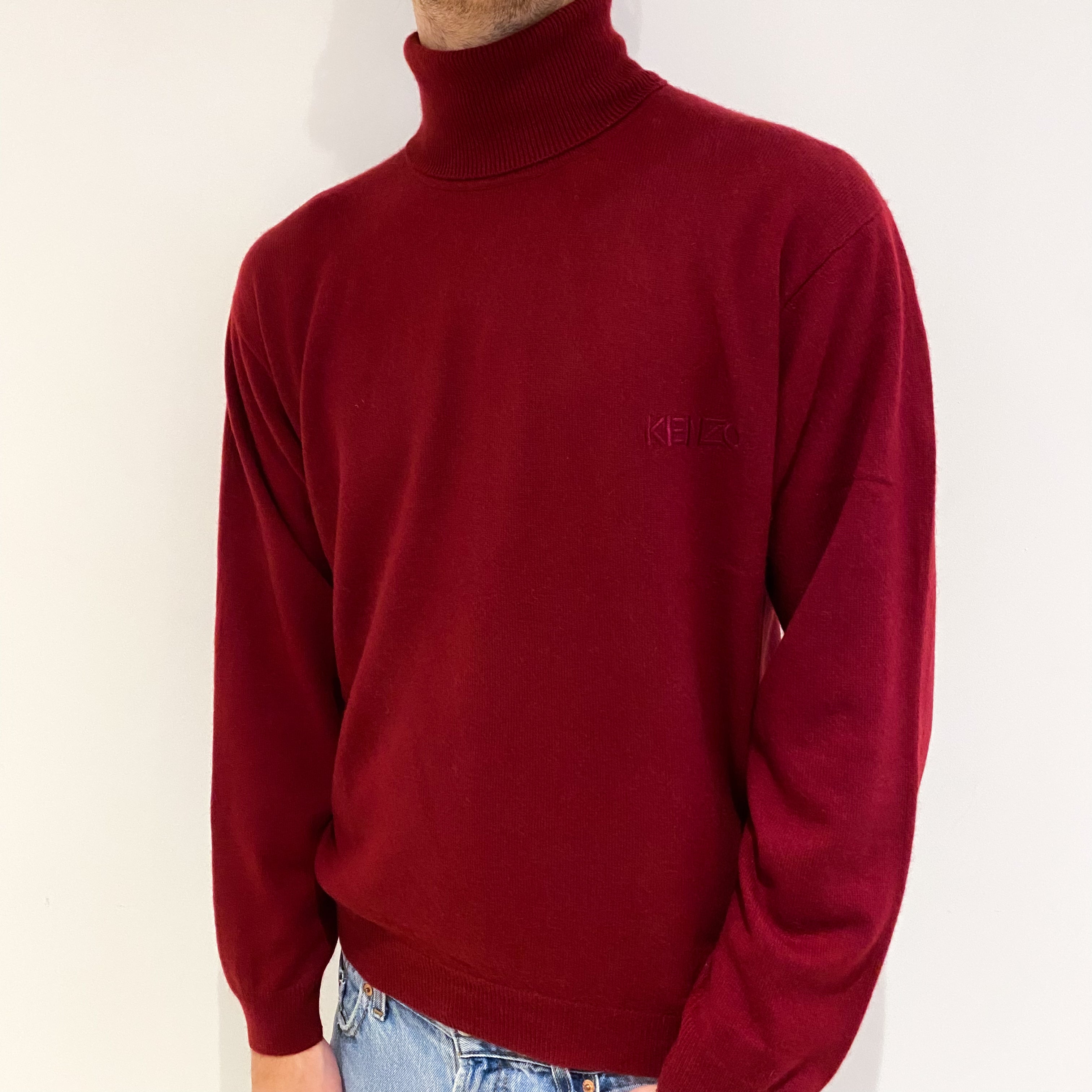 Men's Kenzo Golf Burgundy Red Cashmere Polo Neck Jumper Large
