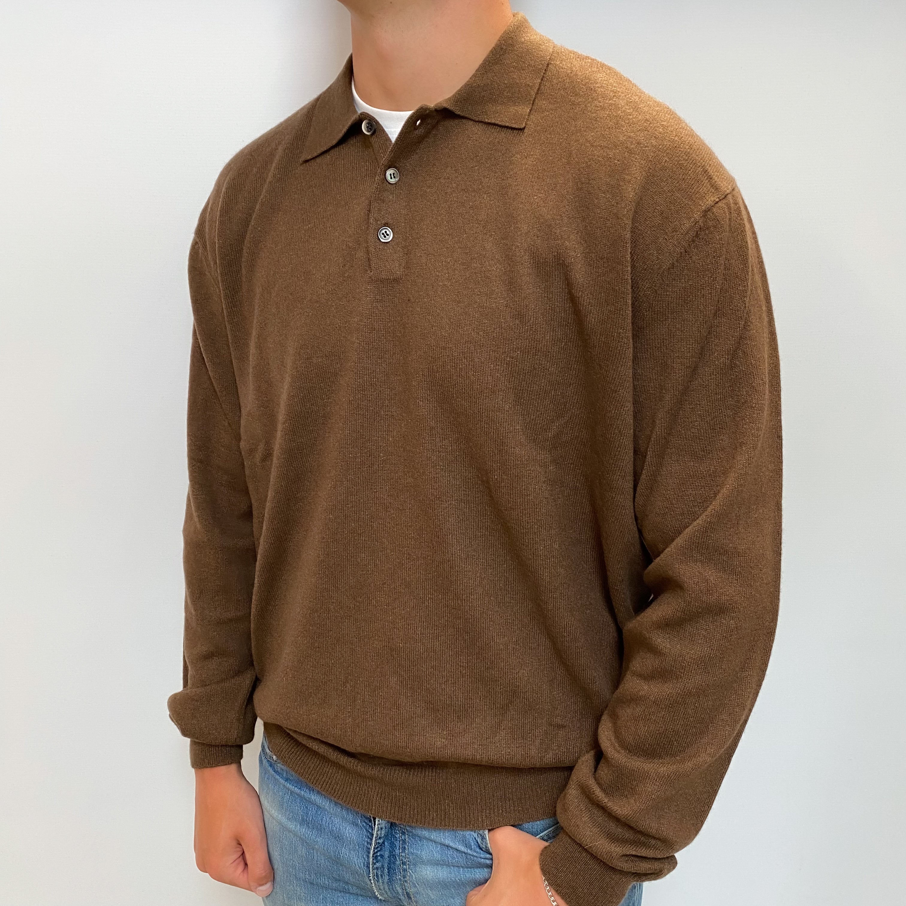 Men's Chocolate Brown Cashmere Collared Button Up Crew Neck Jumper XXL