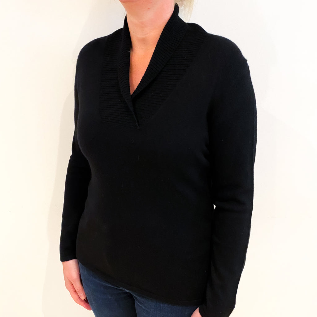 Black Cashmere Shawl Collared Neck Jumper Large