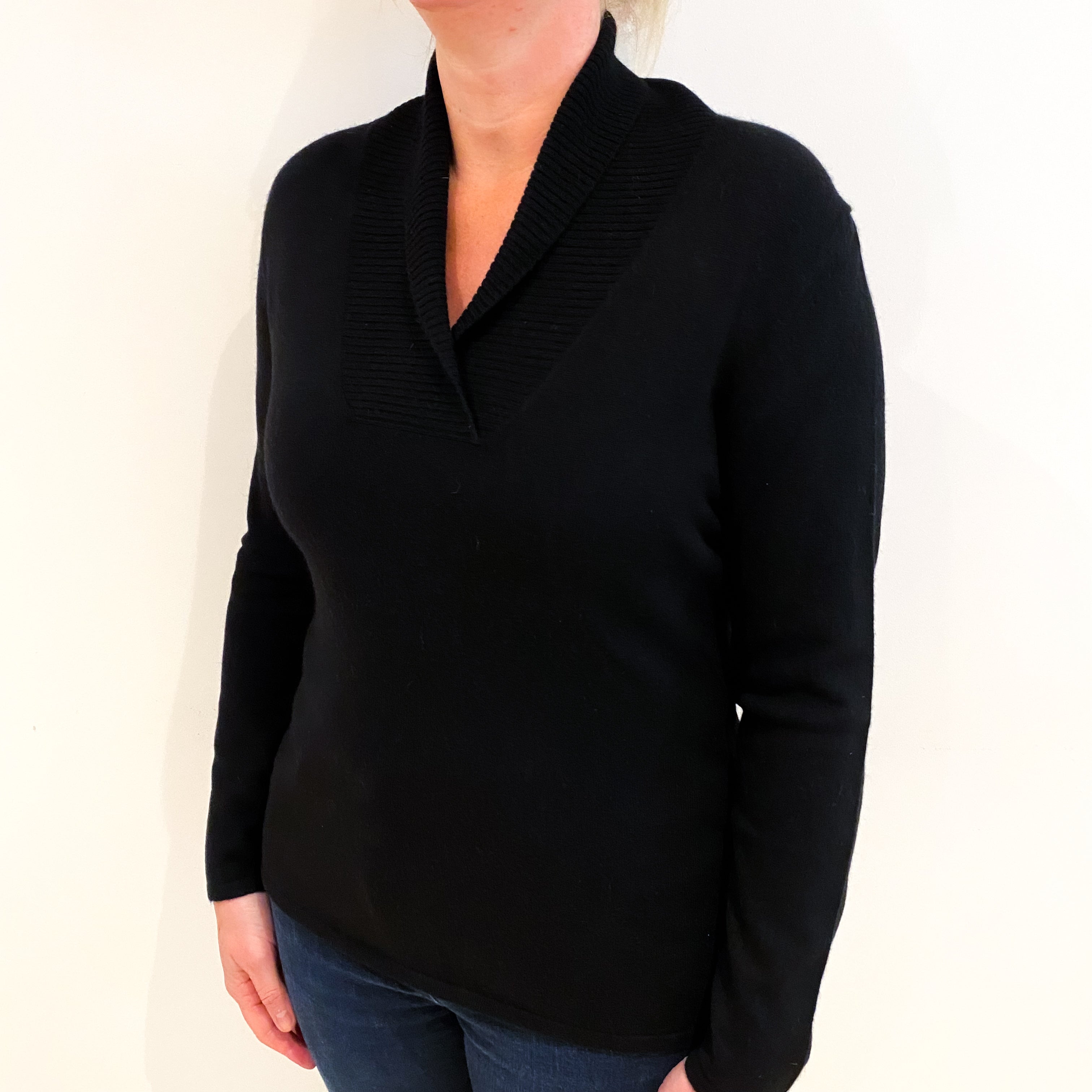 Black Cashmere Shawl Collared Neck Jumper Large