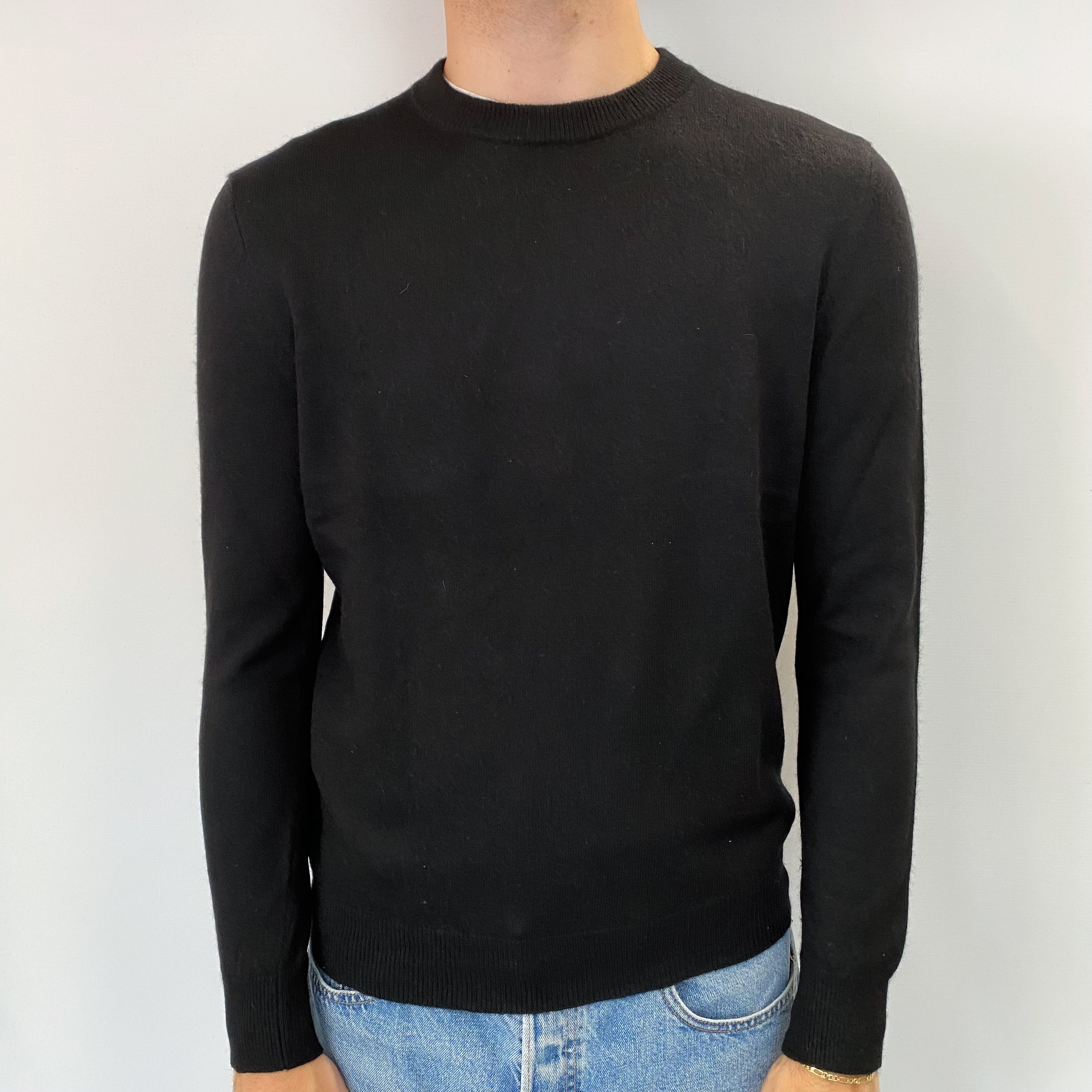 Men's Black Cashmere Crew Neck Jumper Medium